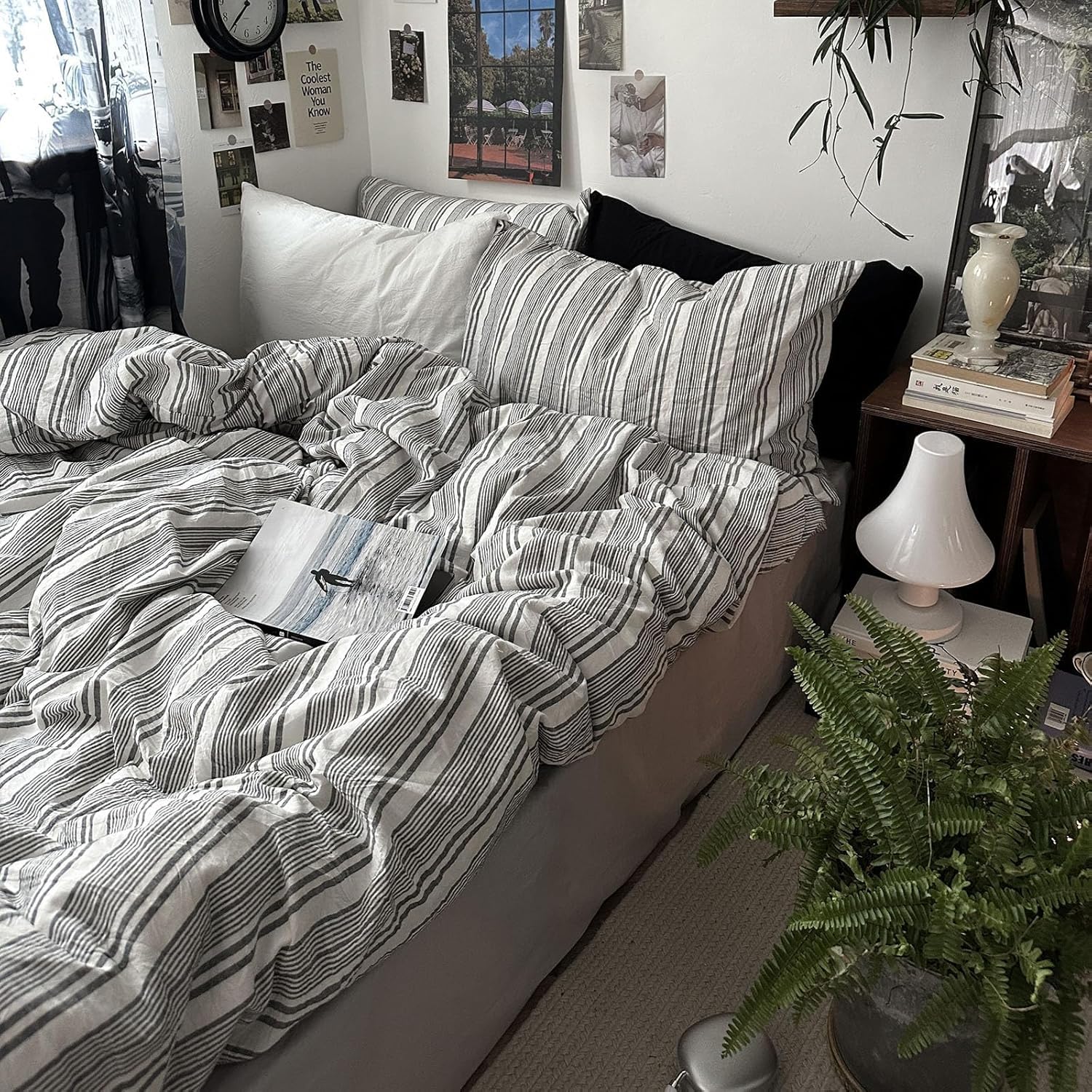 mixinni Washed Cotton Duvet Cover Twin Set - 3 Piece Gray &amp; White Striped Bedding with Pillowcases | Vintage Industrial Style | 100% Cotton Soft Breathable-Twin Size