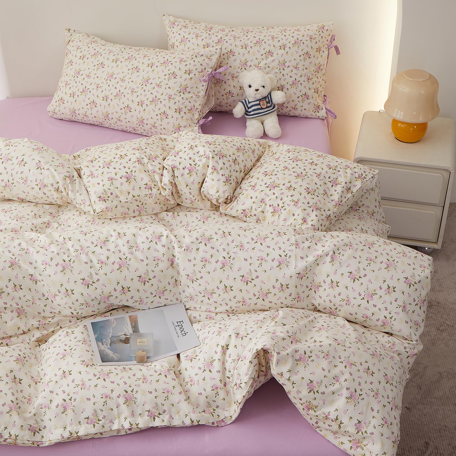 Floral Cottagecore Comforter Set Twin XL, 3 Pieces Vintage Flowers Comforter Coquette Aesthetic Bedding Set for Girls Teen Women, Soft Lightweight Botanical Comforter with 2 Bow Ties Pillowcases