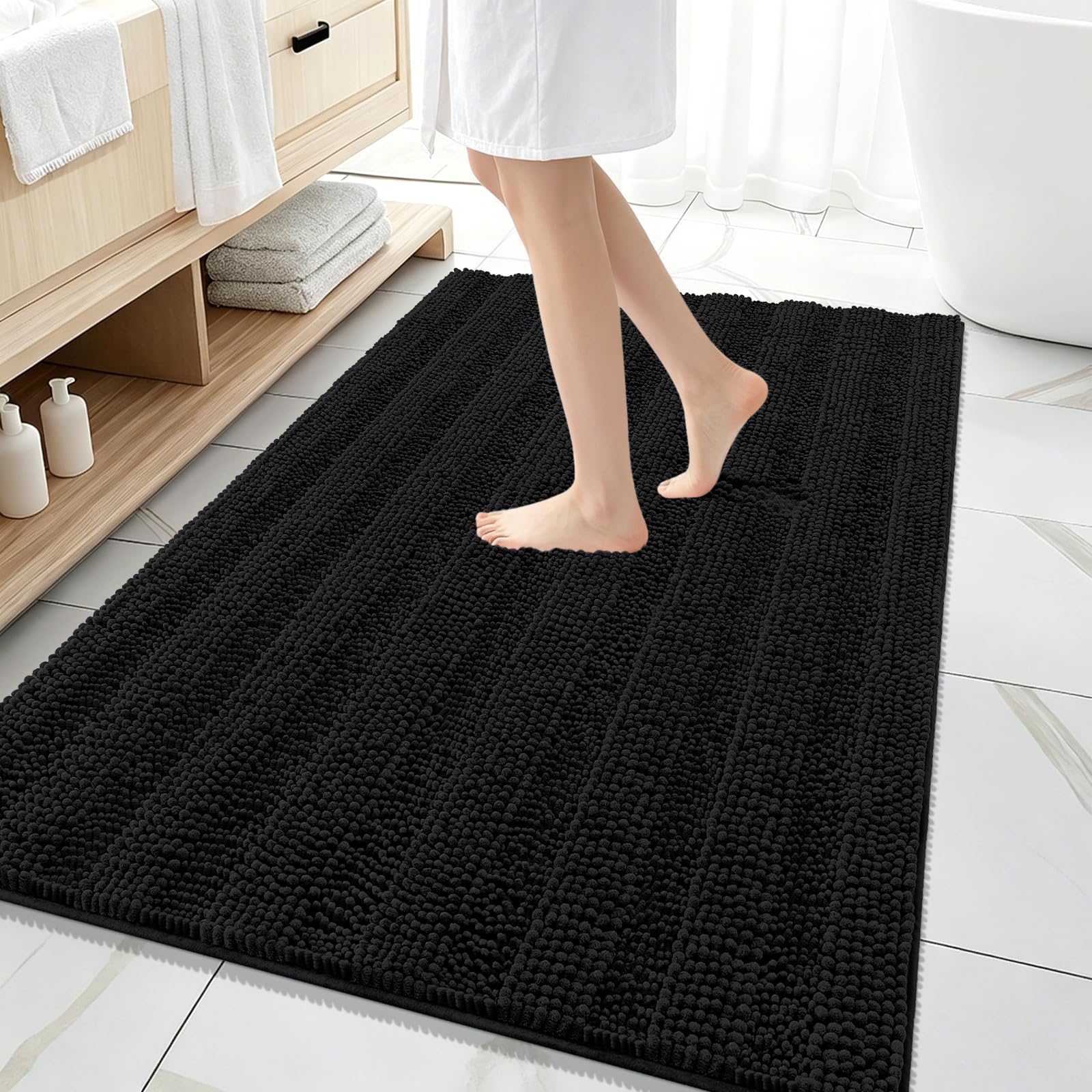 OLANLY Thick Large Bathroom Rugs 59x35, Soft Chenille Bath Rugs, Black
