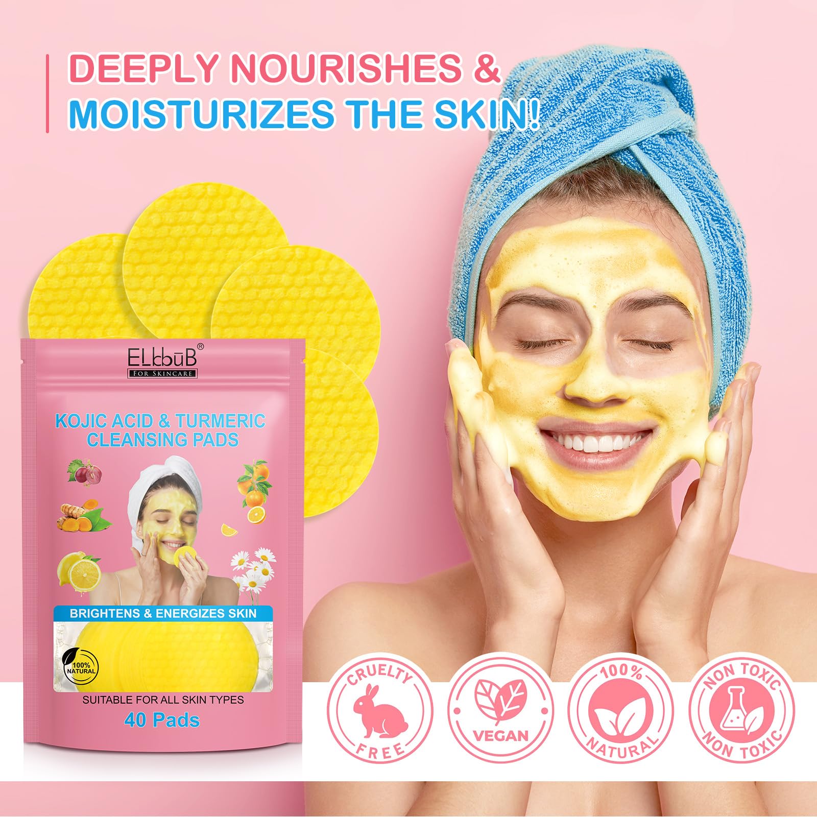 Pads Nettoyants à l'Acide Kojique et au Curcuma - Illumine et Revitalise la Peau | Nettoie en Profondeur, Élimine l'Excès de Kératine, Raffermit le Visage, Traite l'Acné et les Taches Brunes