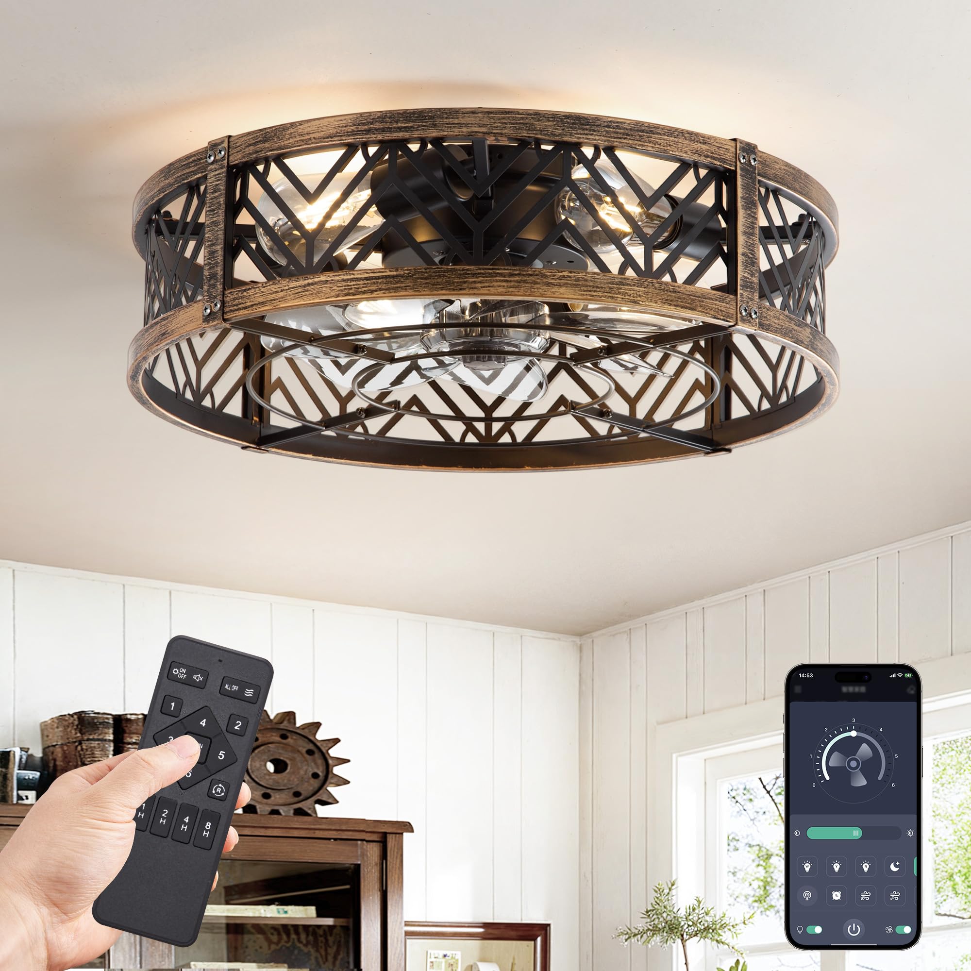 LEDIARY 20" Caged Ceiling Fan with Light, Small Flush Mount, App&Remote Control, Low Profile Bladeless Fan Light Fixture 6 Speed, Reversible and Quiet Motor-Black Gold