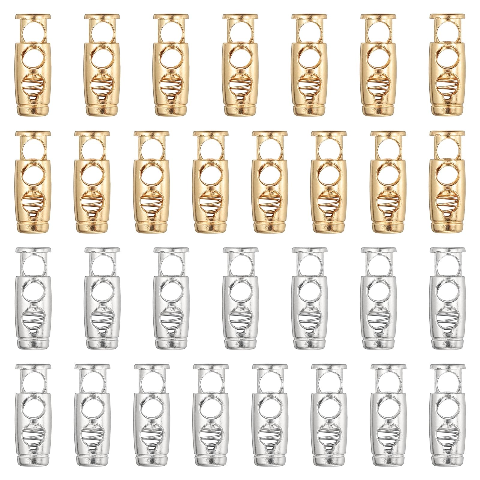 PATIKIL 30PCS Metal Cord Locks for Drawstrings Spring Cord Lock Toggles Stopper Clamp 2 Holes Adjustable Slider End Fastener for Paracord Outdoor Bag Shoes Backpack Gold Silver