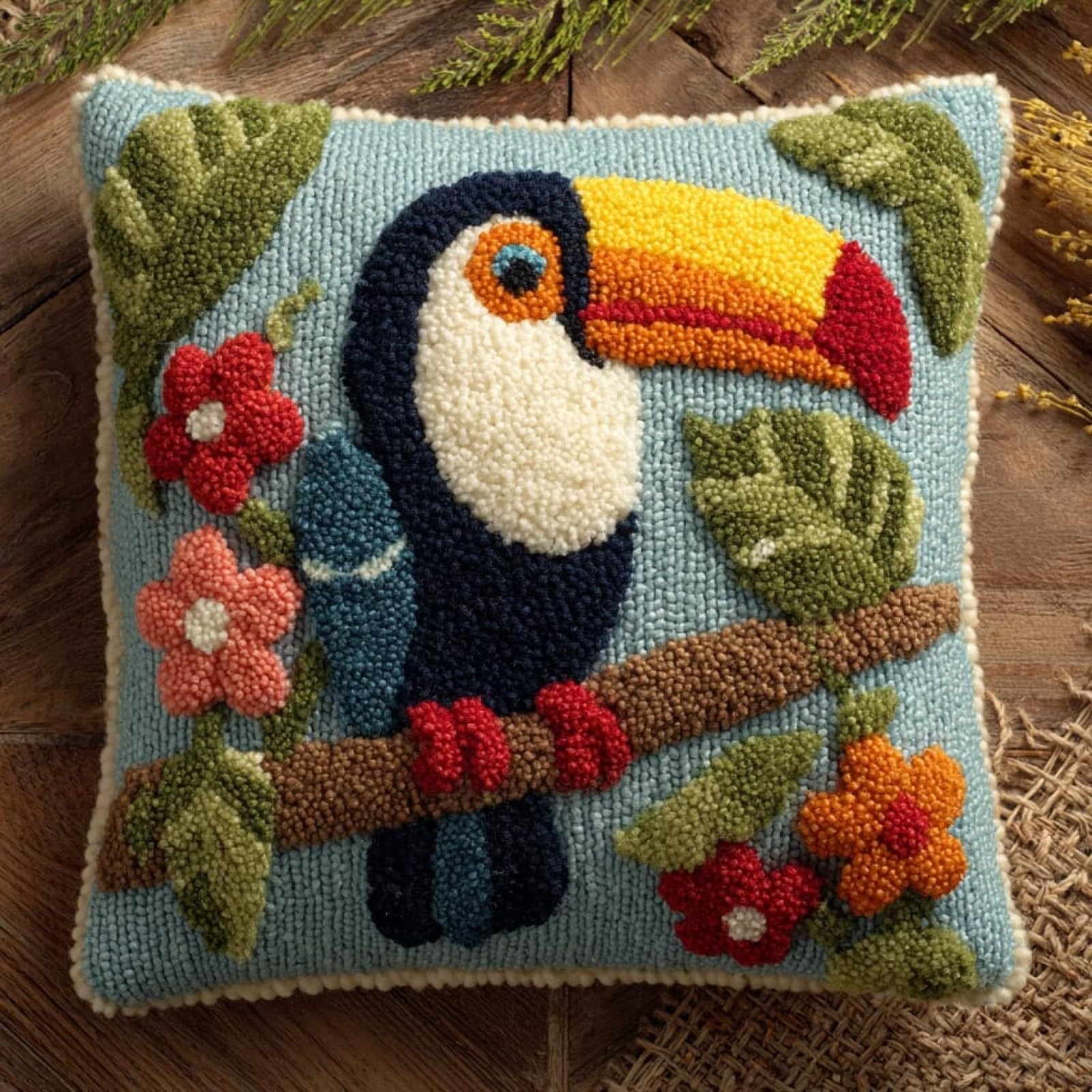 Henypt Latch Hook Cushion Kit 43x43cm,Parrots and Flowers Beginner Friendly Needlecraft Set,Adult Craft Hobby kit,Easy Latch Hook for Home Decor,