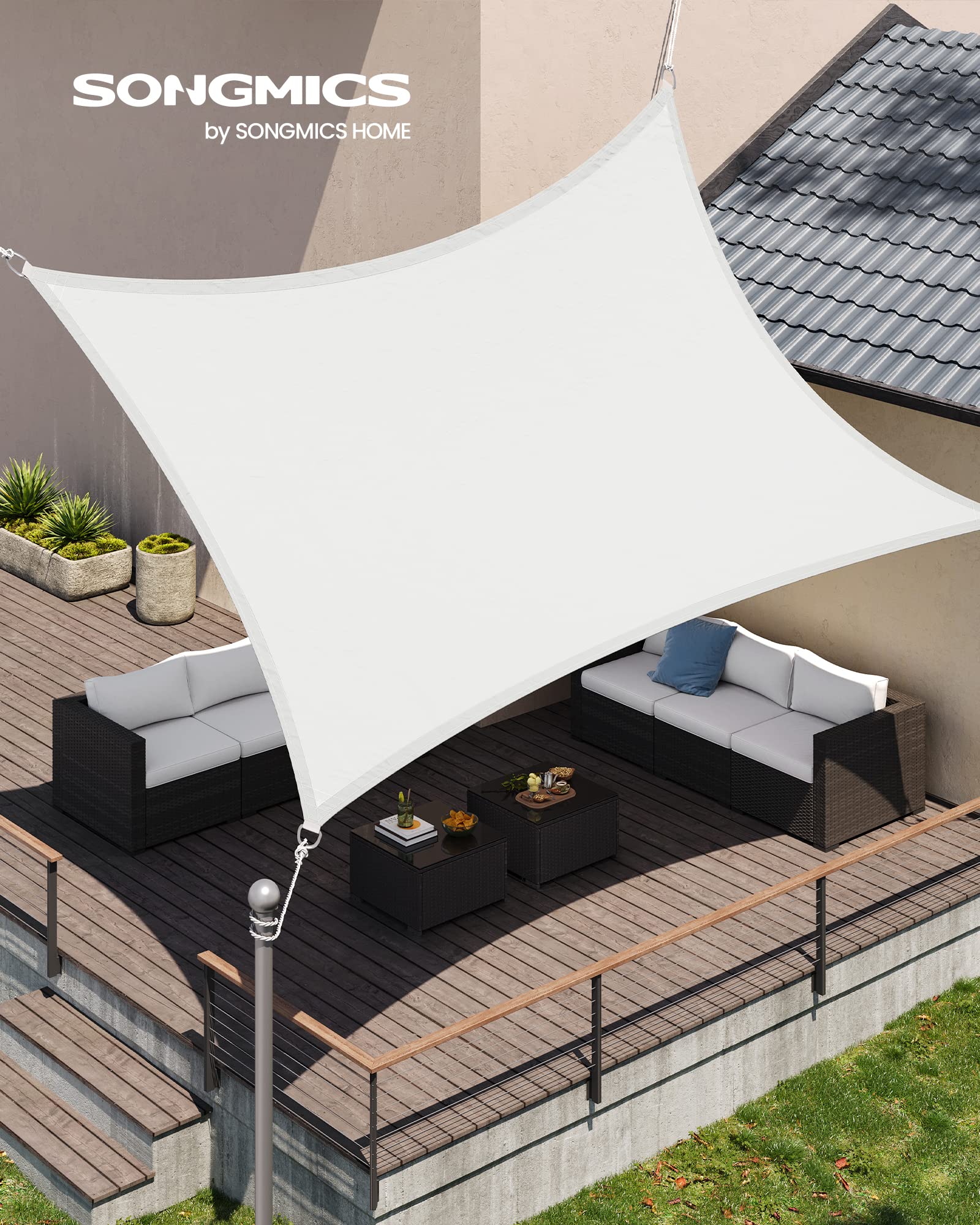 SONGMICS Vela Parasole 3 x 5 m, Impermeabile con Colonna d'Acqua 665 mm, Tenda da Sole Poliestere Antistrappo, Anti UV 93%, Terrazza Giardino Balcone, Rettangolare, Corde 2 m, Bianco GSH35IVV1