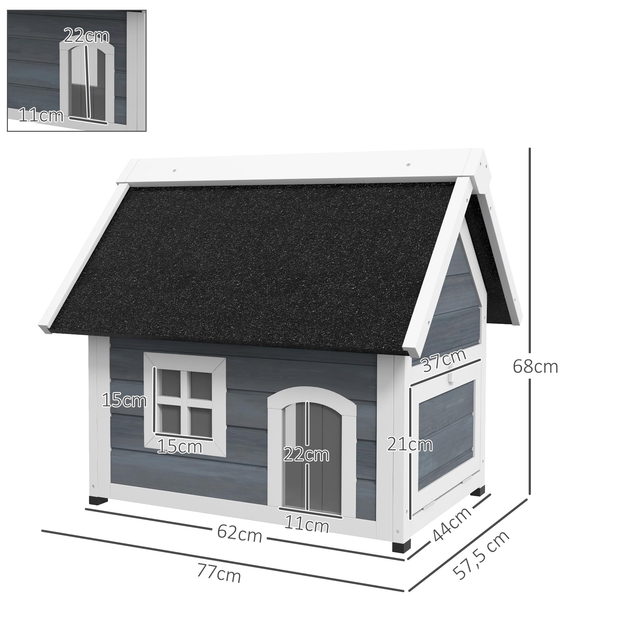 PawHut Katzenhaus aus Holz Winterfest für Katze 77 x 57,5 x 68 cm Grau | Katzenhöhle für Draußen, Wetterfest Katzenhütte, Aufklappbar Asphaltdach, Fenster, 3 Türen, Schutzhütte bis 5 kg