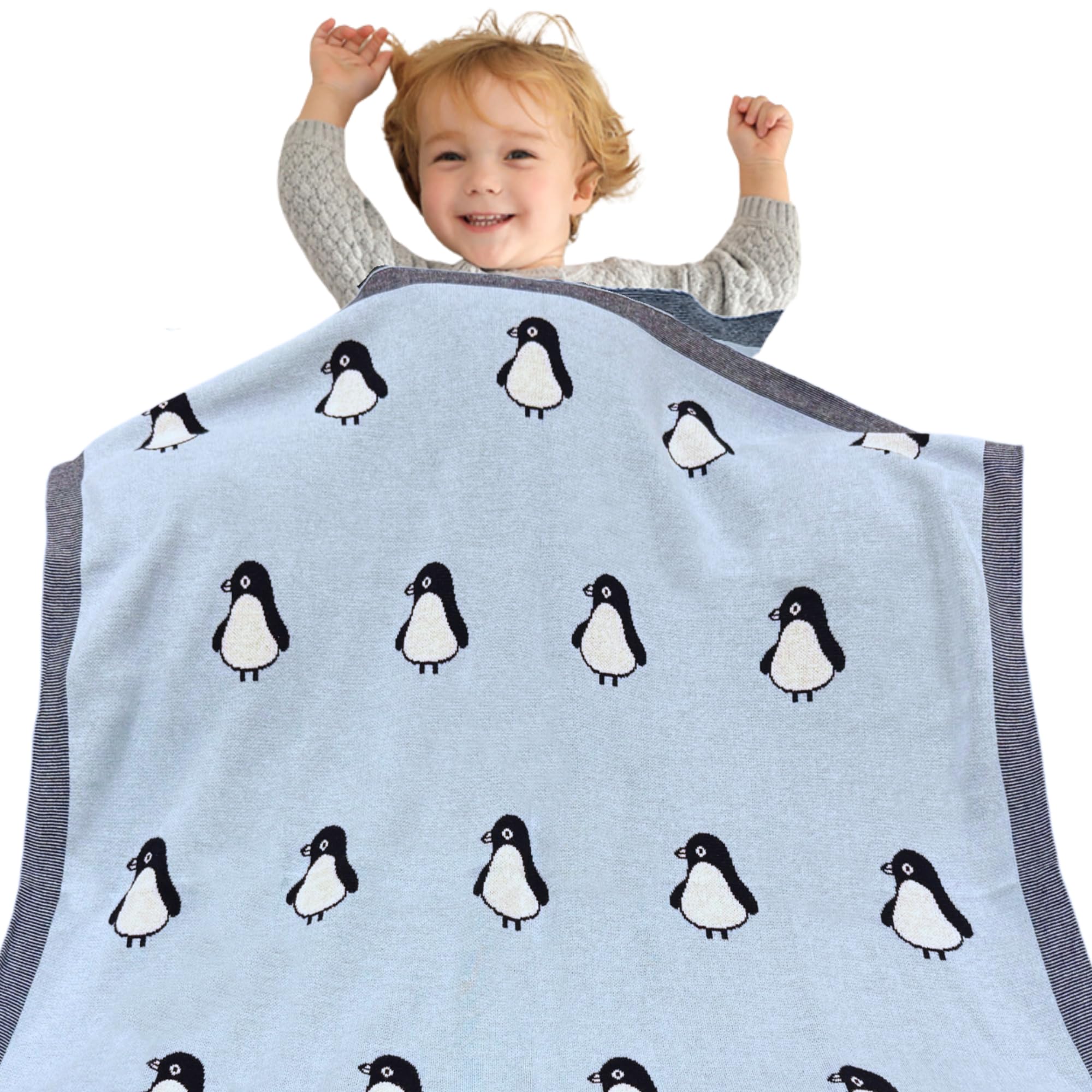 Zeraks Cute Baby Blanket with Adorable Penguin Design - Soft Knitted Cotton Swaddle Blanket for Newborns, Infants, and Toddlers, Stroller Cover, Play Mat, and Nursery (Baby Blue)