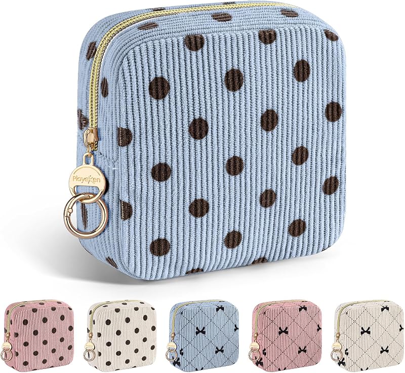 Necessaire pequena de maquiagem Playexen em veludo cotelê, azul com poás