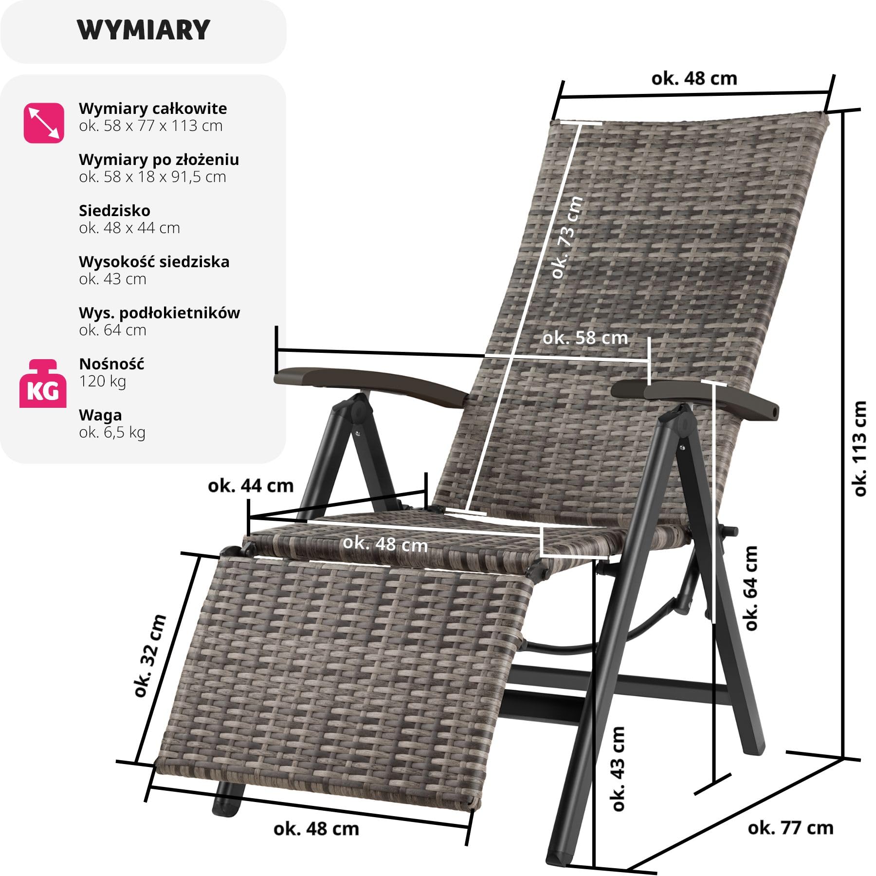 tectake®, Składany Fotel Ogrodowy, Rattanowe Krzesło Relaksacyjne, Regulacja Oparcia, Podnóżek, Plecionka UV, Aluminium, Antypoślizgowe Nóżki, Leżak Plażowy, Balkonowy, Na Taras (Szary)