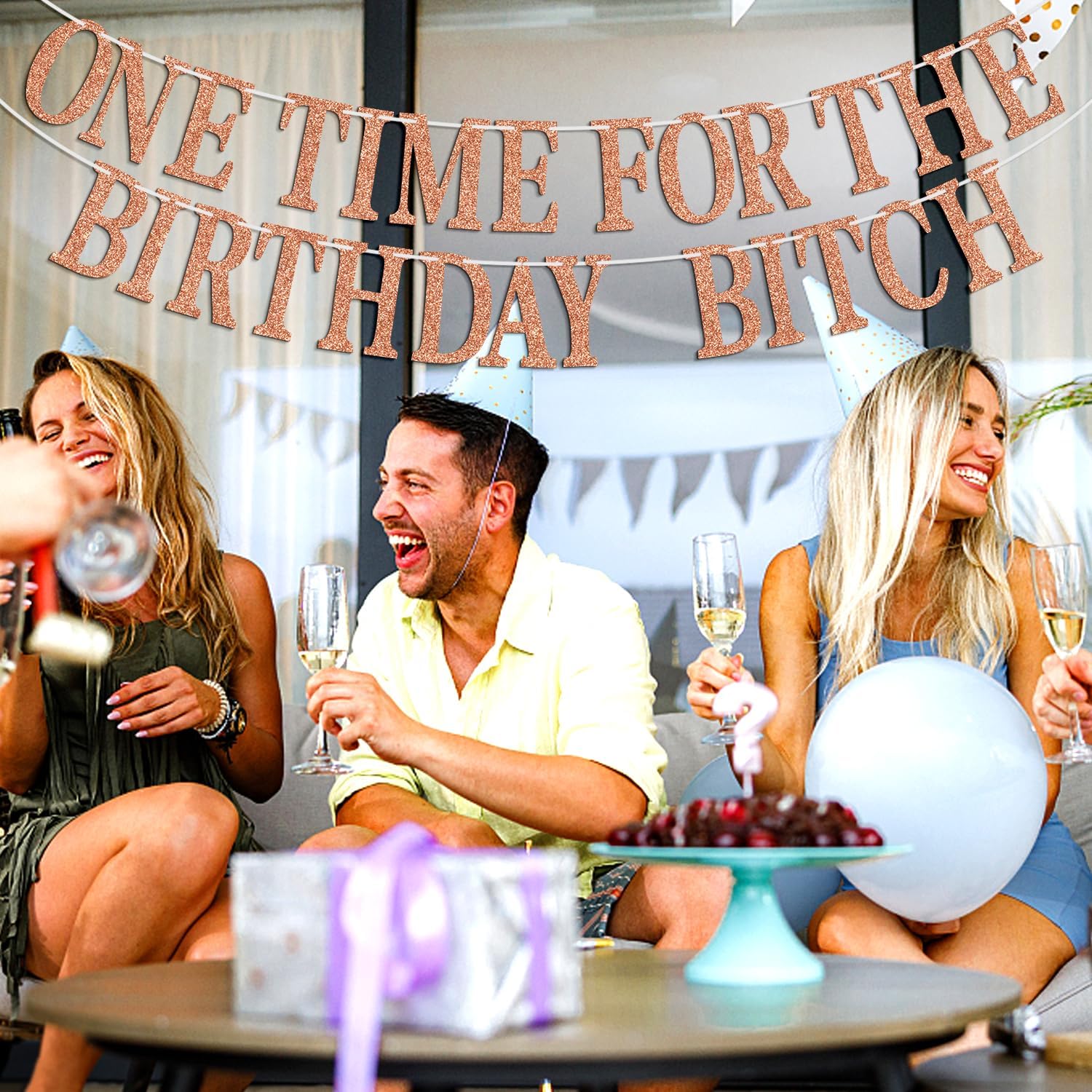 One Time for The Birthday B*tch Banner - Happy Birthday Bunting Backdrops - Funny Birth day Sign for Adult Anniversary Party Decorations Supplies, Rose Gold Glitter
