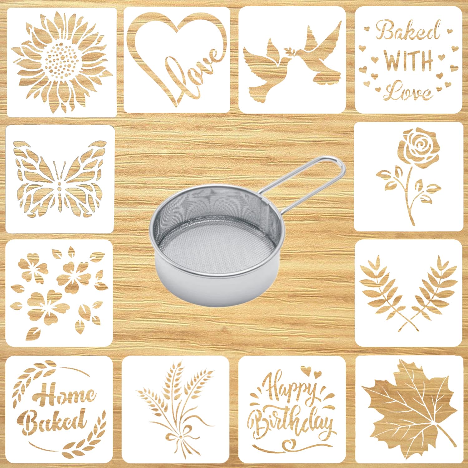 European Artisan Bread Stencils - 12 Style Baking Stencil Set with Flour Sifter for Sourdough Mold Set Cook Stencil Baking Template Bread, Cake, Pie, or Cookie for Decorating