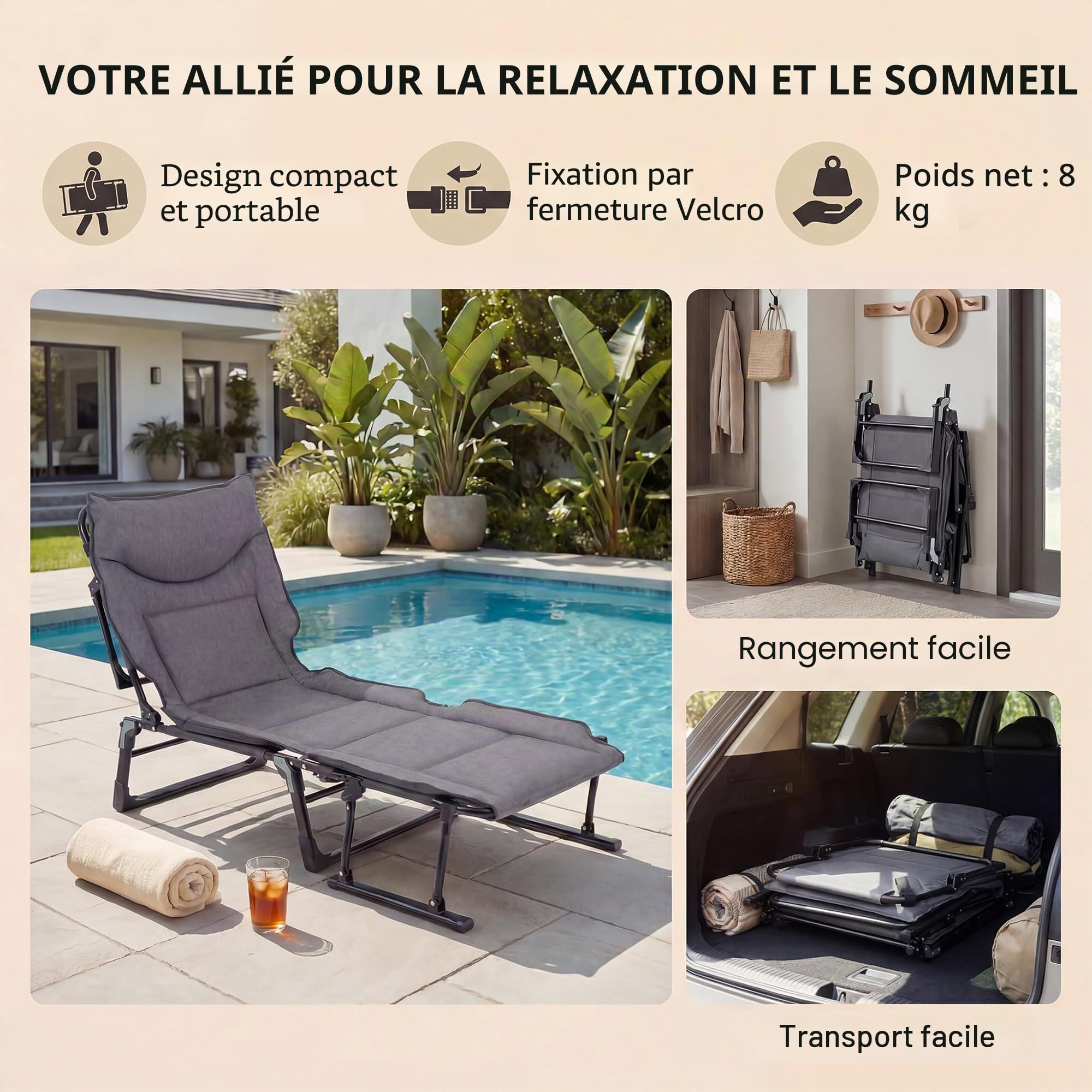 Giantex Lit de Camping Pliable 1 Personne avec Oreiller Intégré, Dossier Réglable 6 Positions et Verrouillage, Structure Tube Carré, Chaise Longue Pliante pour Extérieur et Maison, Charge 200 kg