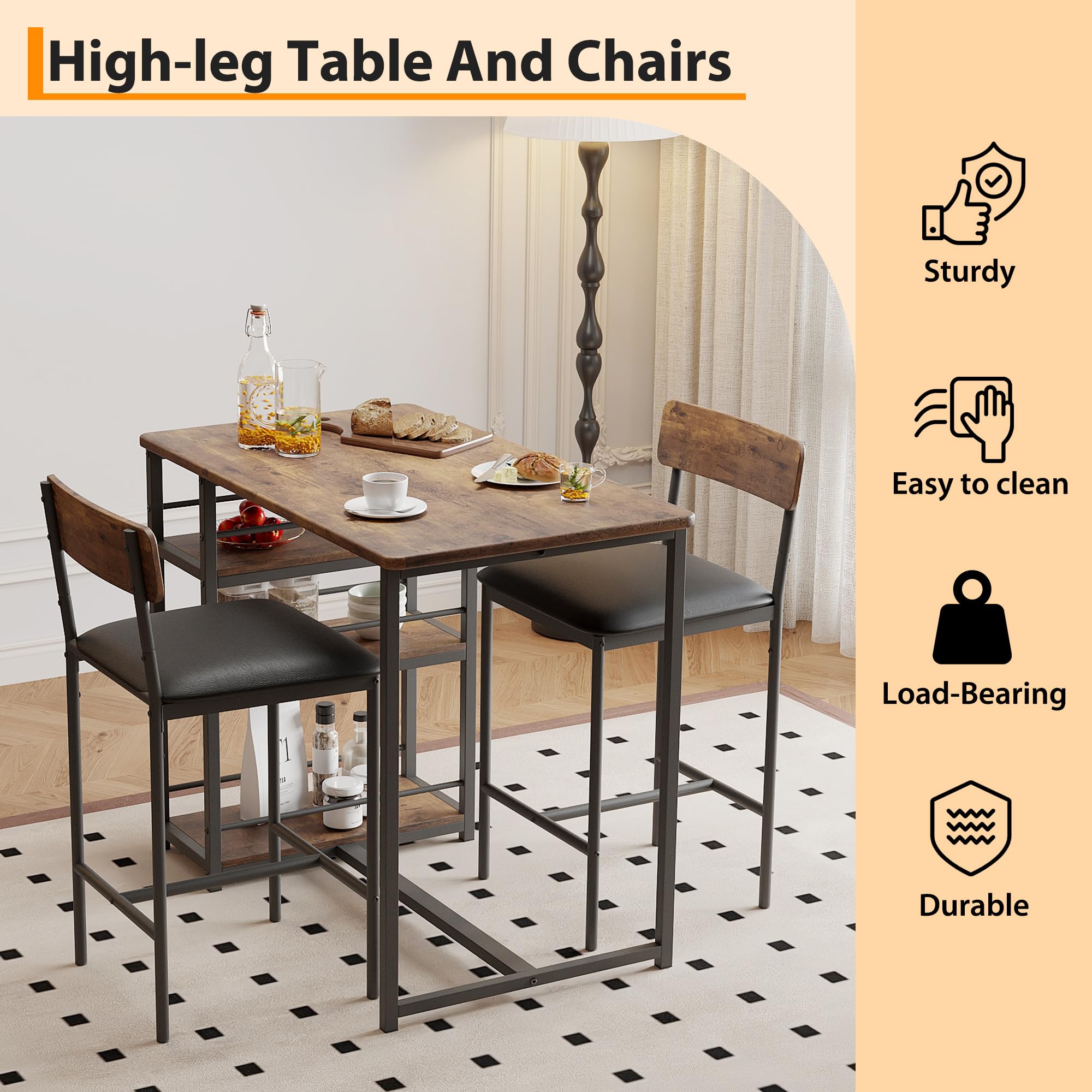 PortoAlegre Bartisch mit Barhocker Set, Esstisch Set für 2 Personen mit 2 Gepolsterten Barstühlen, 3 Ablageflächen Tresentisch Essgruppen für Kleine Räume,Esszimmer, Küche,Braun