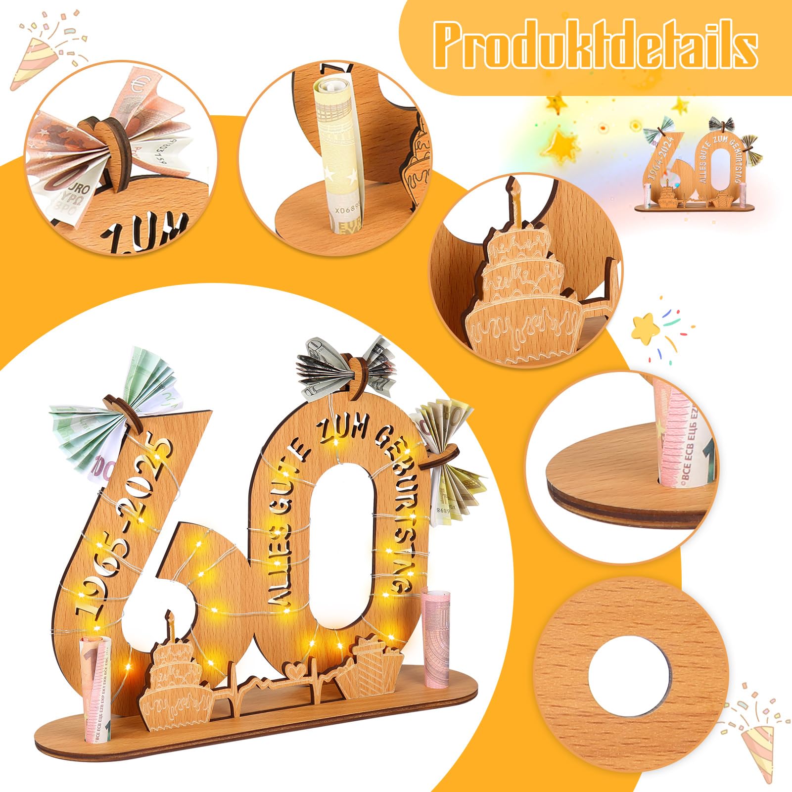 Regalo 60esimo Compleanno In Legno - Set Con Cartolina Portasoldi, Busta Kraft, Provetta, Per Donna O Uomo, Idea Regalo Denaro Originale