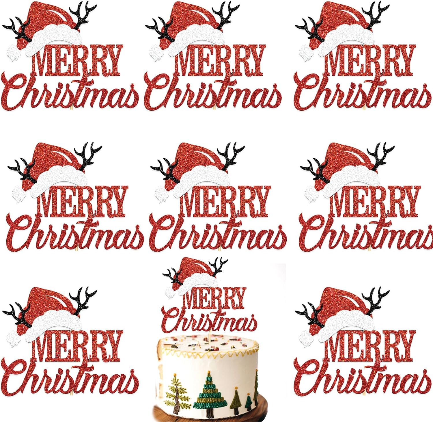 8 Pcs Christmas Cake Toppers – Glitter Merry Christmas Cupcake Toppers Cute Cake Decorations, Red Santa Hat & Reindeer Antler Design, Festive Holiday Party Supplies for Baking, DIY Dessert