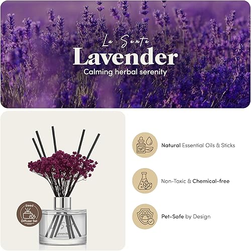 Miniatura 2 de 6.7 fl oz, 200ml Difusor de varillas de lavanda con flores púrpuras en botella de vidrio con varillas de ratán negro