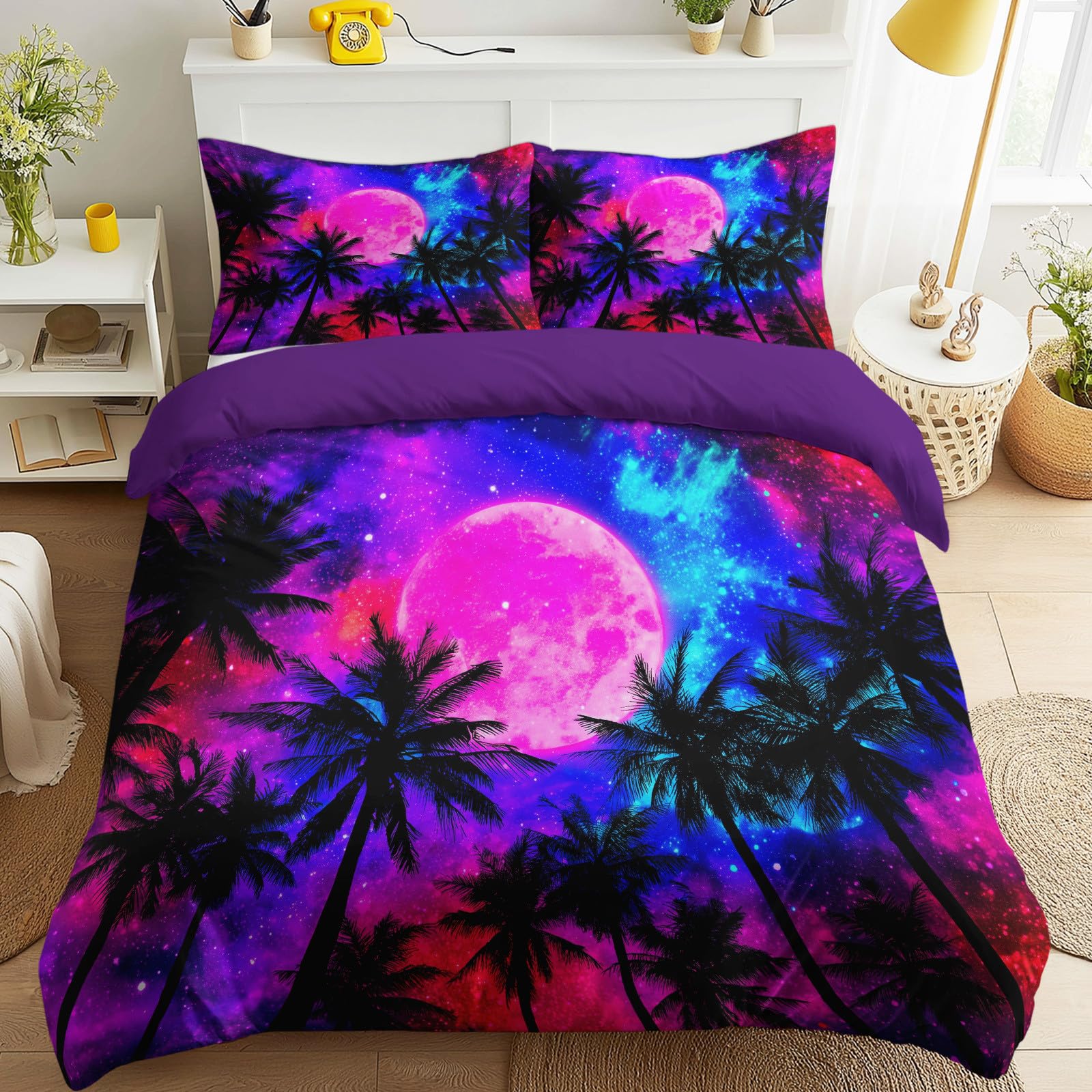 Zestaw pościeli w rozmiarze Super King Size, poszewka na kołdrę 260 x 220 cm, do pokoju dziecięcego, sypialni, ultrasoft, hipoalergiczna, surrealistyczna fantazja, tropikalny styl, palma, niebo