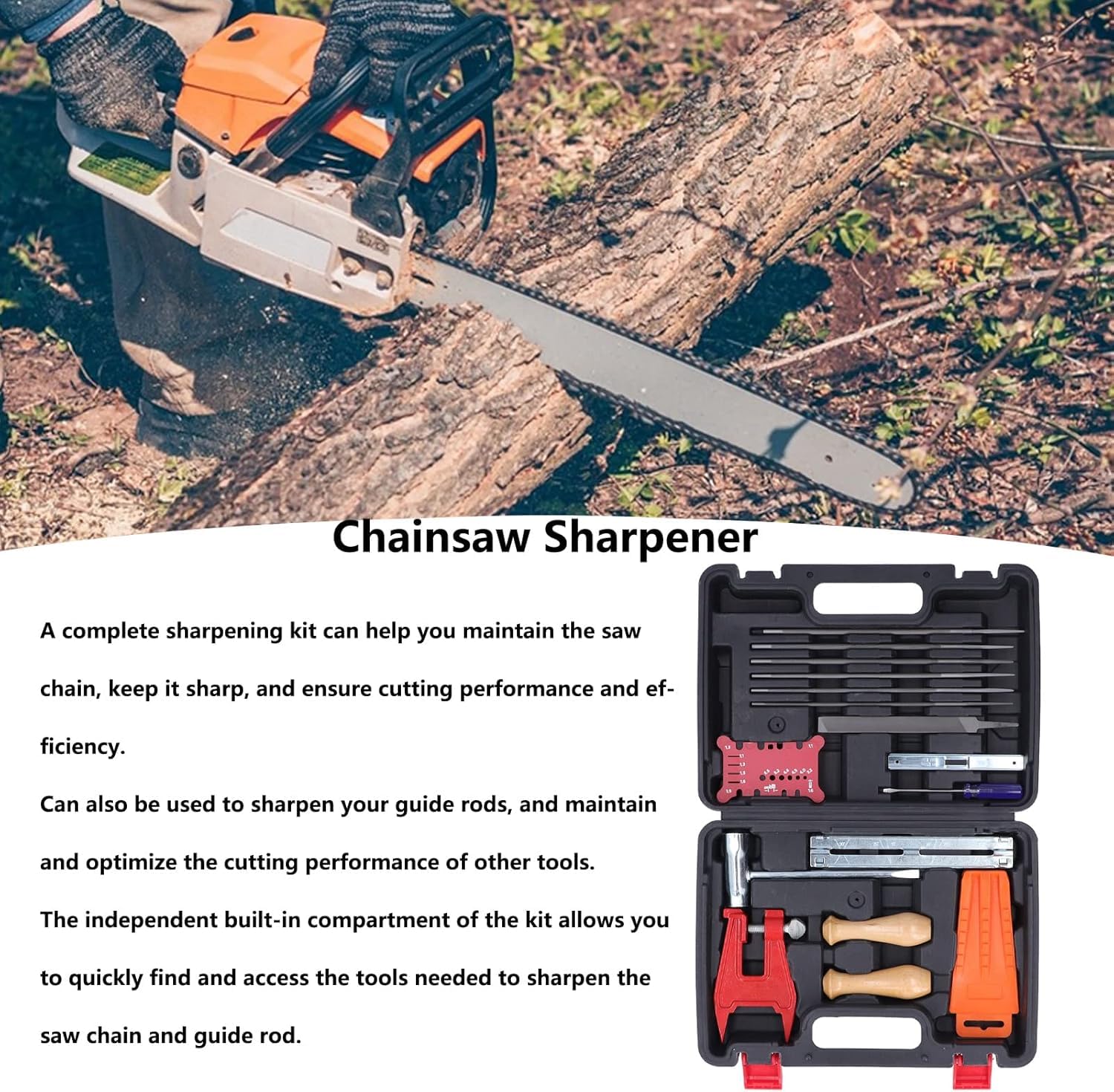 Kit de afilado de cadena de motosierra de 16 piezas, juego de herramientas de afilador inalámbrico con limas planas redondas, soportes de archivos y cuñas de tala para mantenimiento de barra guía en