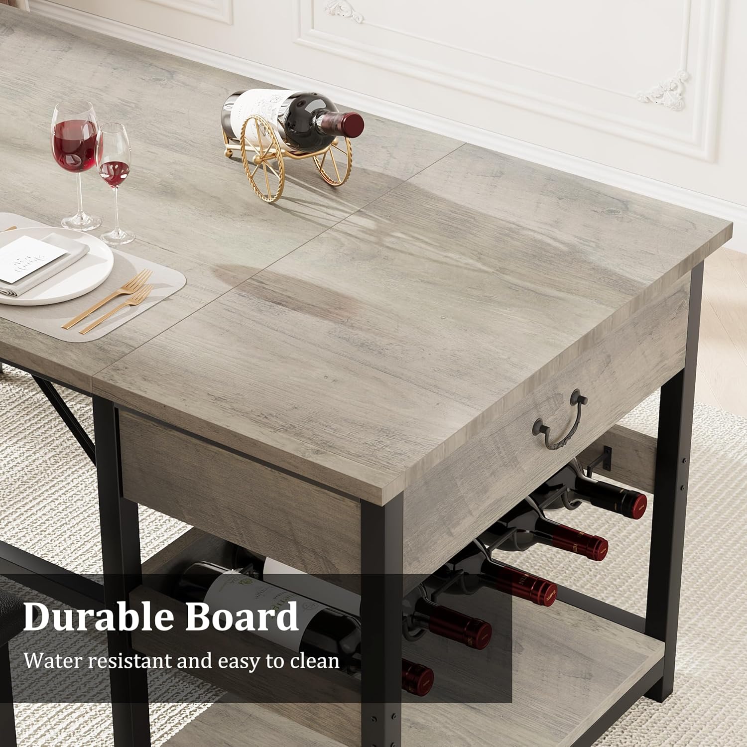 Dining Table Set for 4 with Storage Drawers & Wine Rack, Kitchen Table and Upholstered Benches for Small Spaces, Gray