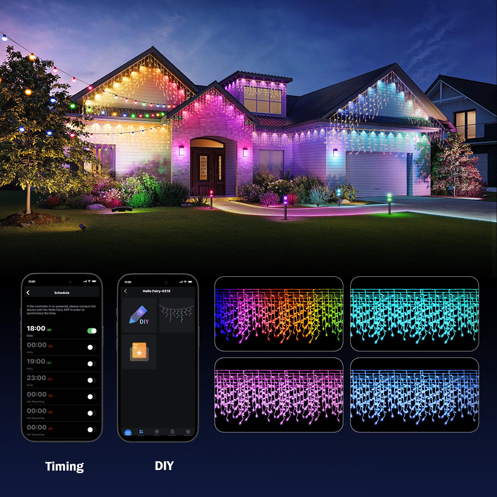 Luci natalizie intelligenti, 1,8 m, 598 LED RGB per esterni, 2 pezzi, app, sincronizzazione musica, timer per casa, vacanze, grondaie, decorazione per feste in giardino