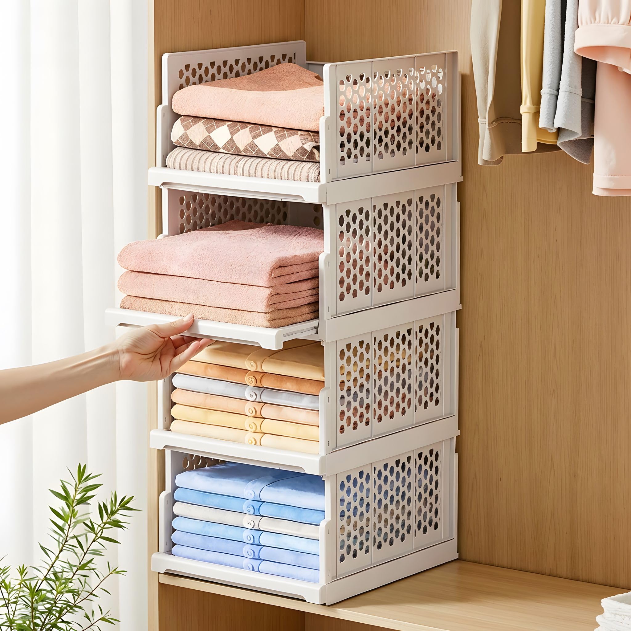 HOTOOLME Pull-out Wardrobe Storage Drawer Box,Closet Organiser,XL,4 Pack