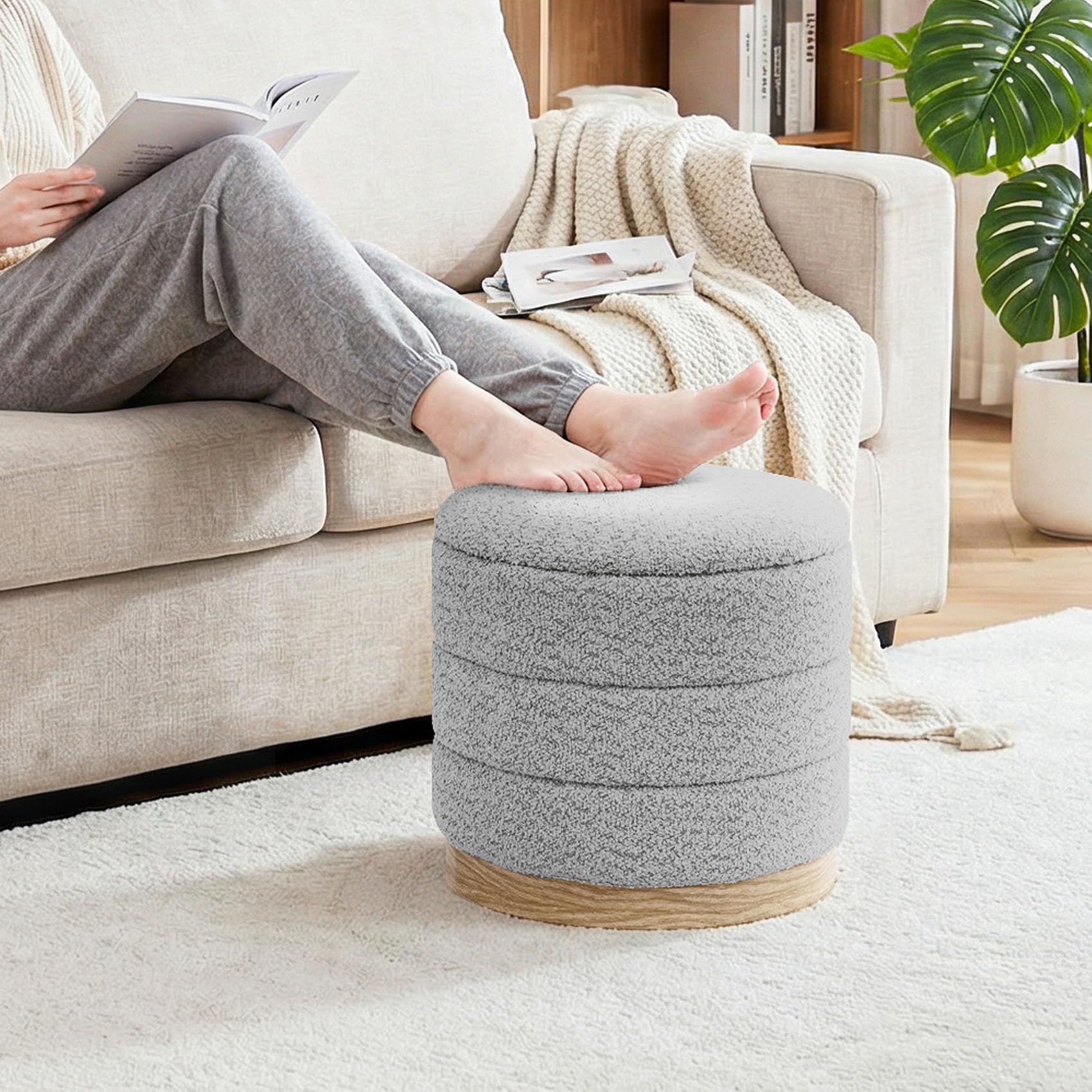Bonlife Taburete con espacio de almacenamiento y mesa, taburete plegable redondo, banco para salón, dormitorio, pasillo, chenilla, gris plata, 39 x 39 x 37 cm