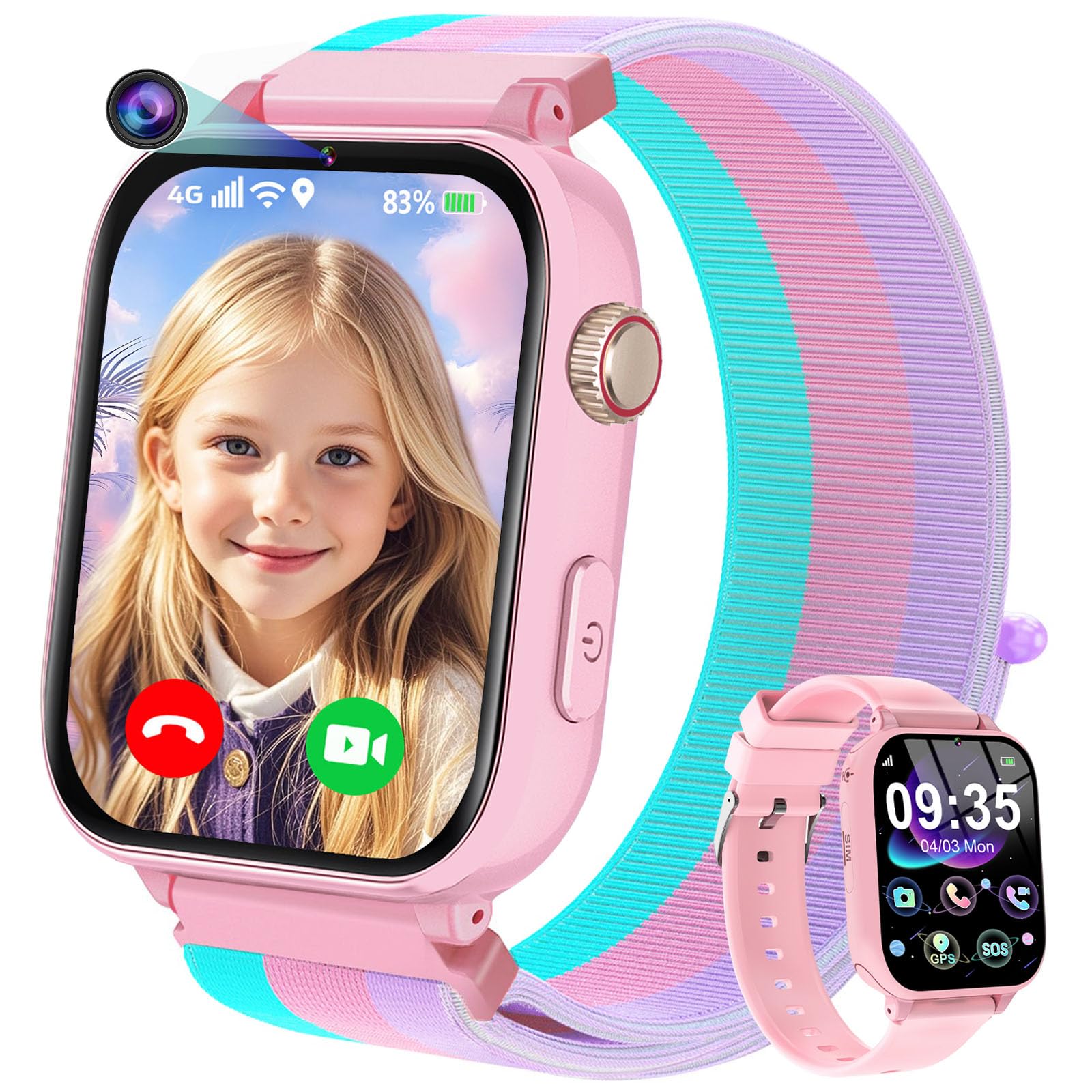 4G Smartwatch Bambini, Kids Smart Watch Intelligente con GPS, SOS, WIFI, Chat Vocale, Videochiamata, Modo Classe, Giochi Sveglia Contapassi Ragazzi Ragazze Orologio Regalo 4 ai 12 anni, Rosa