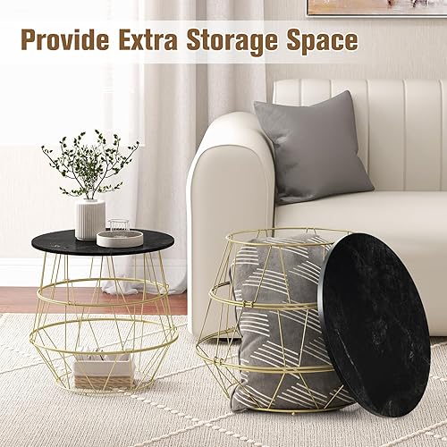 Miniatura 4 de Giantex Mesa auxiliar de mármol sintético, mesa auxiliar redonda con marco de metal dorado y parte superior extraíble, moderna mesa de noche para