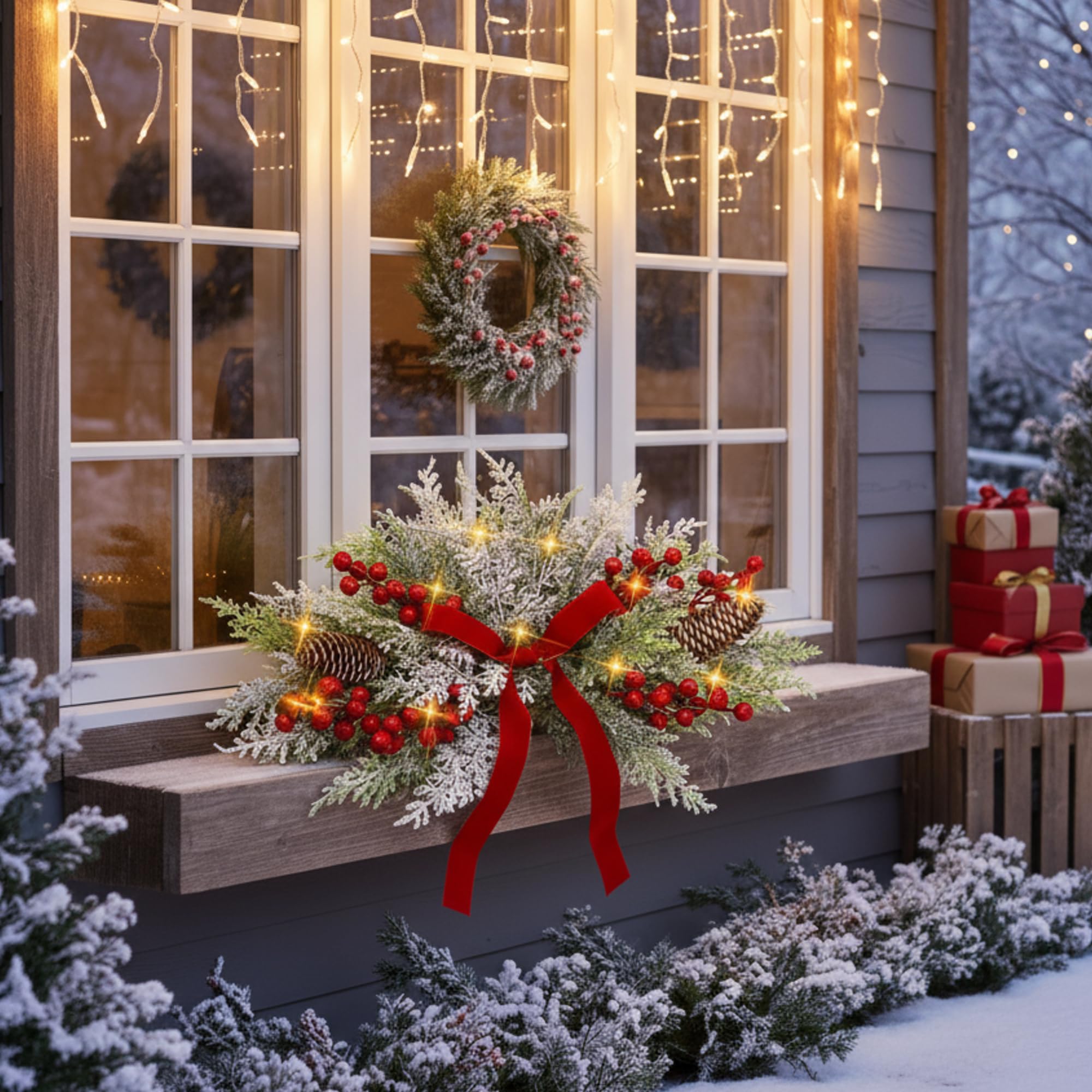 Giegxin Guirlande de Noël artificielle en cèdre givré de 61 cm avec nœud rouge et lumières LED pour porte d'entrée, guirlande de sapin de Noël, couronne de Noël synthétique pour boîte aux lettres