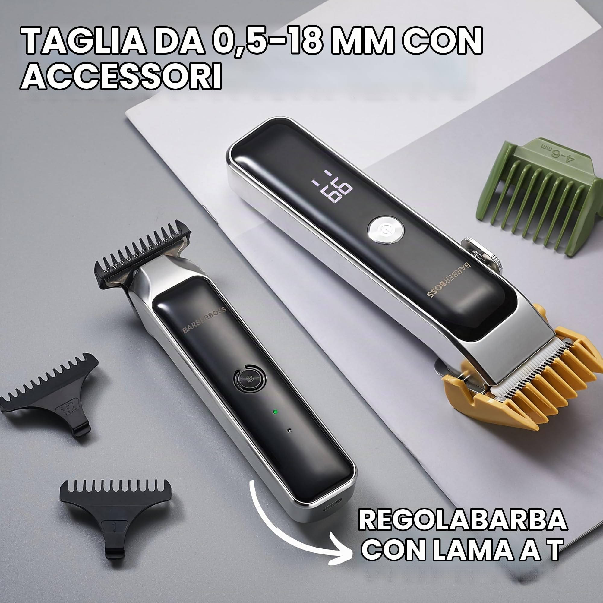BarberBoss regolabarba portatile da uomo, modello Duo, regolabarba professionale da uomo, lama in ceramica autoaffilante, quadrante di precisione, ricarica USB e display LED, QR-2682