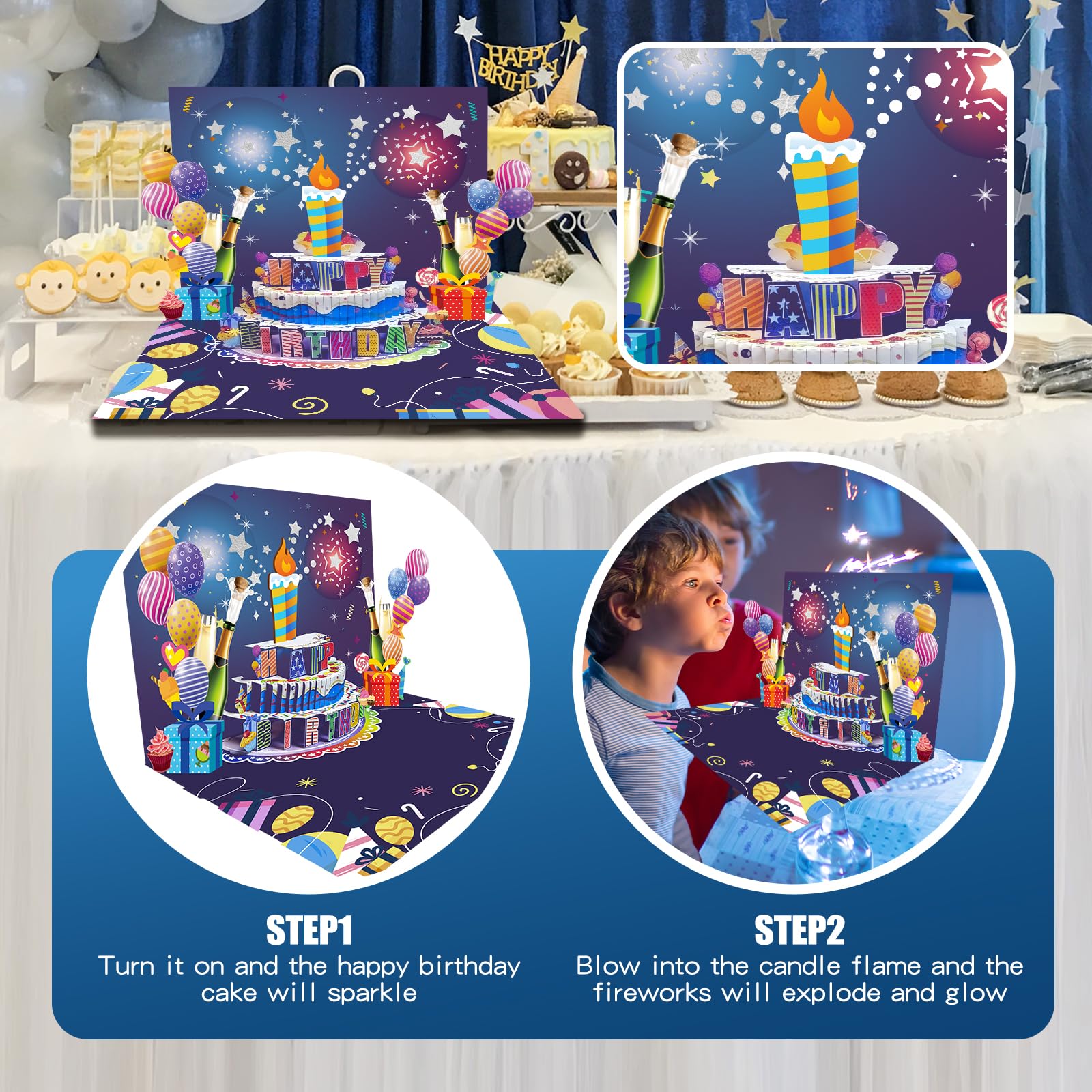 Biglietto D'Auguri Di Compleanno 3D Con Musica E Luci, Pop-up A Forma Di Torta Con Candeline, Include Busta, Regalo Per Donne, Uomini E Bambini, 15x15 Cm
