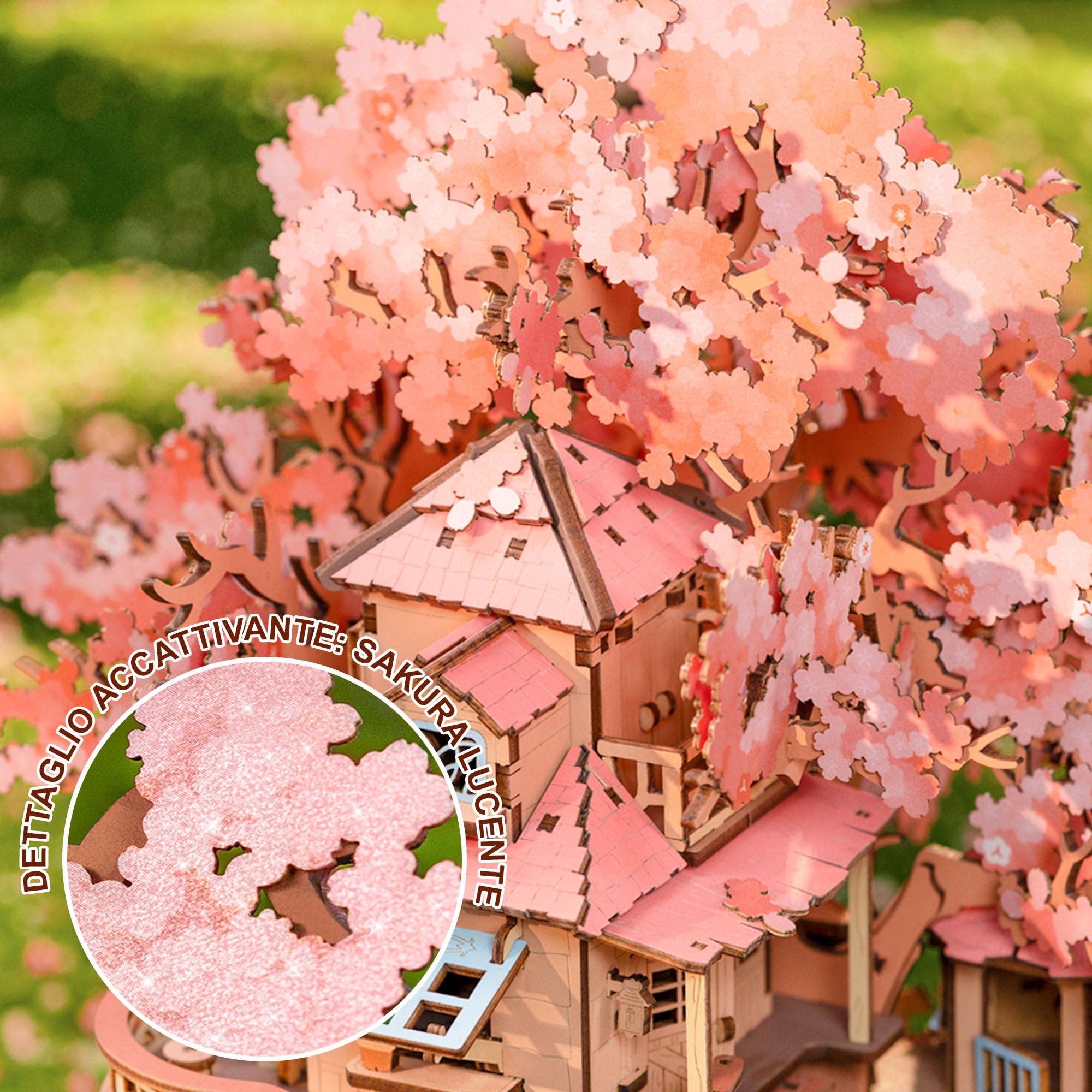 Rolife Puzzle 3D Casa Sakura sull'Albero, Puzzle Legno per Adulti 535 Pezzi, Kit per Costruire Modellini da Costruire a Fissaggio Snap-Fit, Decorazione con Fiori di Sakura Luccicanti