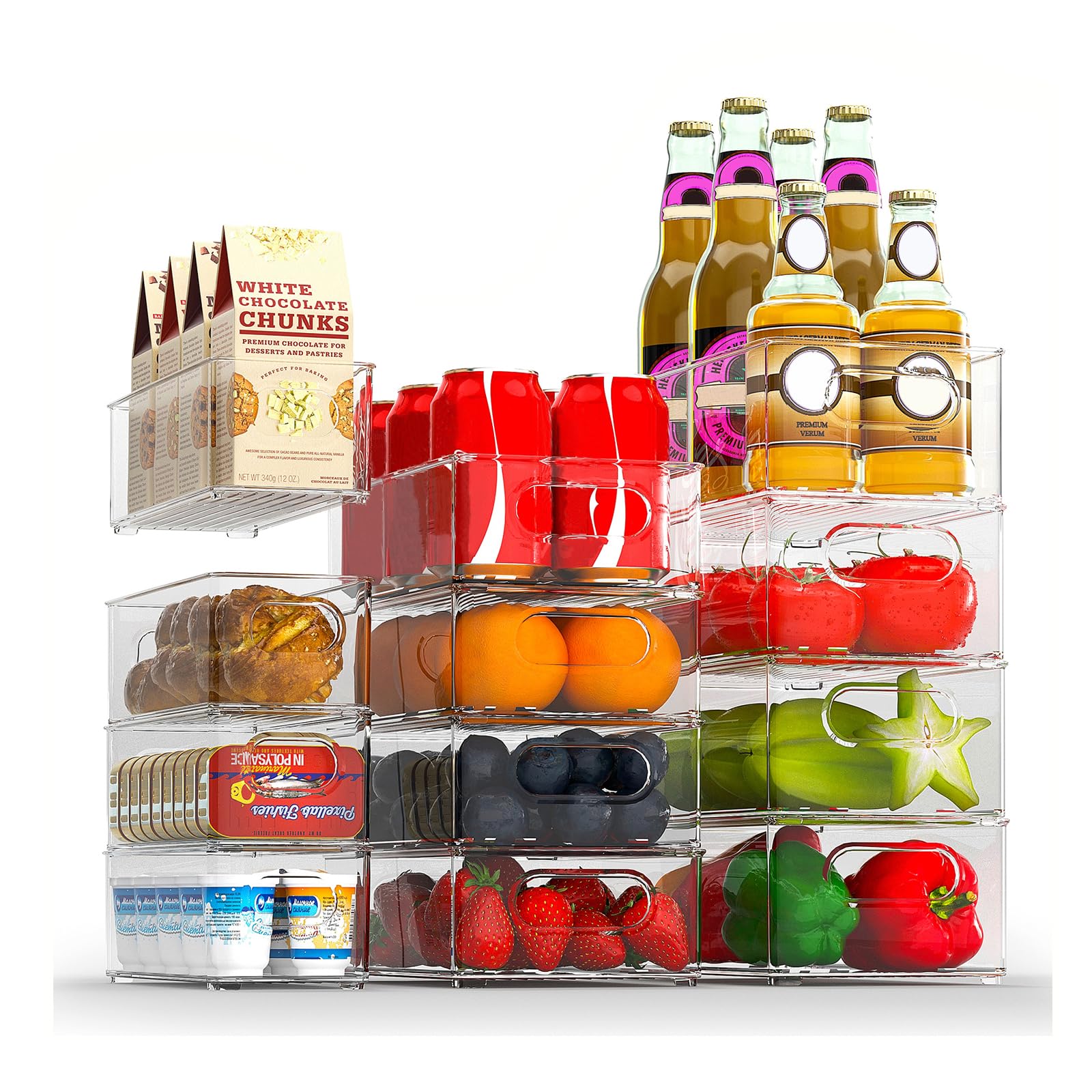 Finew Juego de 12 organizadores para frigoríficos (4 pequeños, 4 medianos, 4 Grandes), recipientes apilables para frigorífico, Caja Transparente para Cocina, despensa, armarios, fregaderos