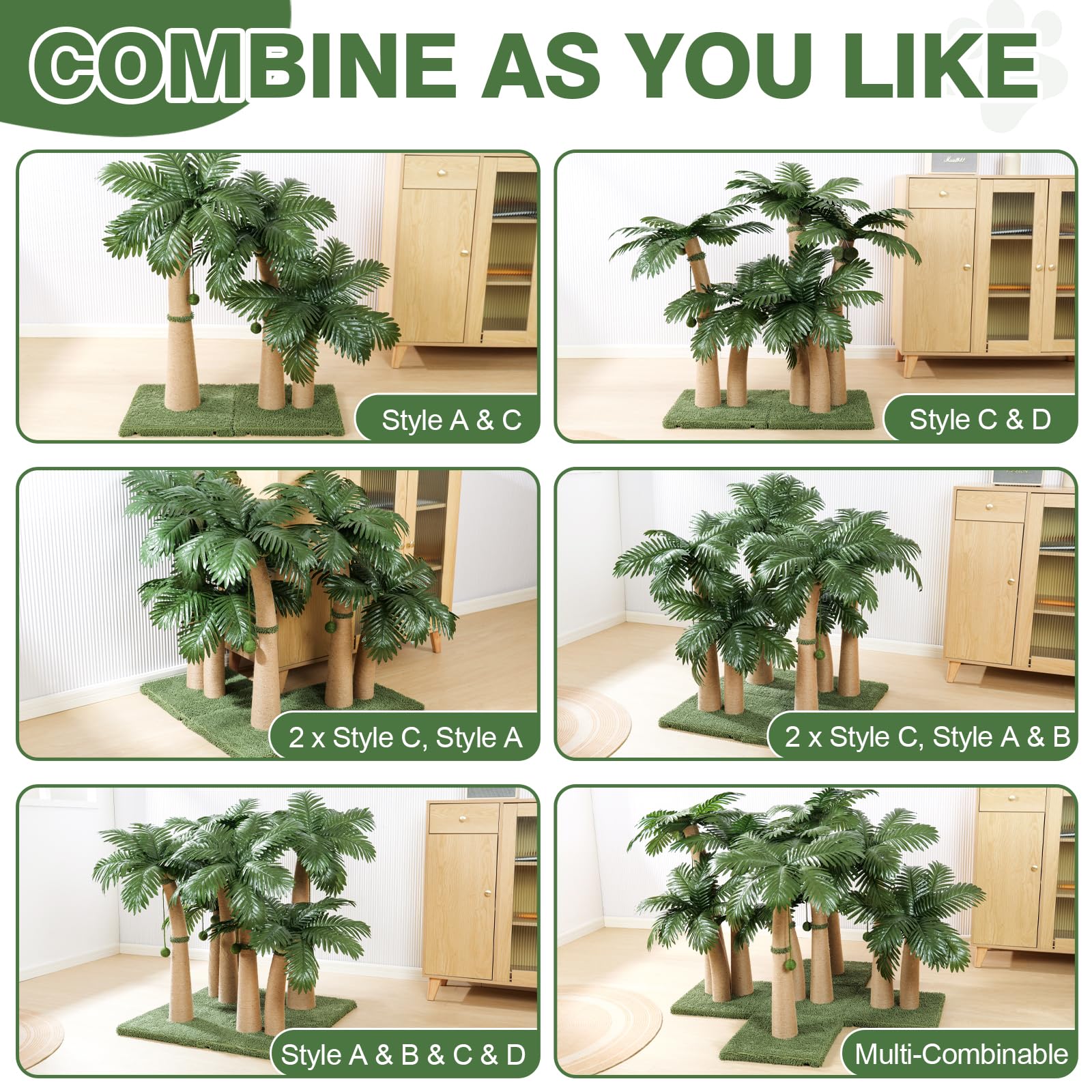 Poste rascador para gatos de palmera, poste rascador para gatos de 36 pulgadas con cuerda de sisal natural, 5 bolas interactivas y 2 postes rascadores de diseño curvado para gatos de interior, adultos