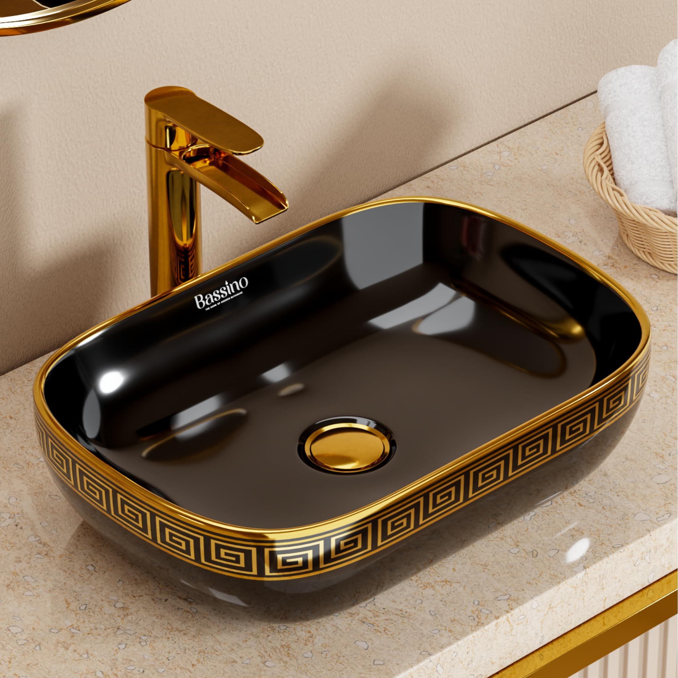 BASSINO 18x13x5.5 Inches Table Top Washbasin/1 Year Warranty/Ceramic Wash Basin for Bathroom/Rectangular Shape Counter Top Wash Basin for Dining Hall/Living Room/Vessel Sink(Glossy Black & Gold)-picture-11