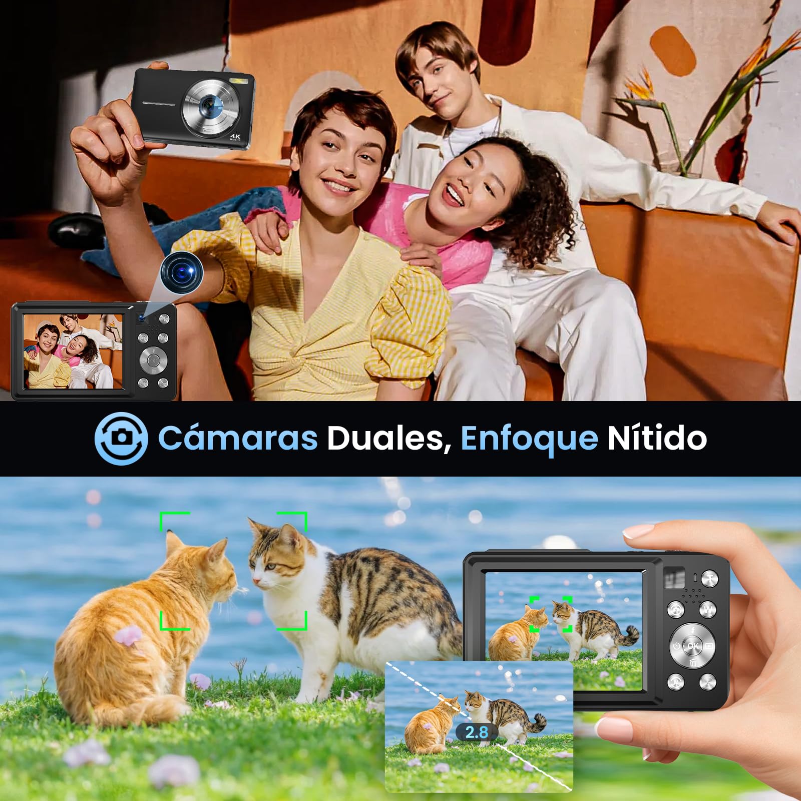 Cámara Digital 4K Cámara de Fotos 64MP Compacta con Doble Cámara, Autofocus, Pantalla IPS de 2,8 Pulgadas, Zoom Digital 16X, Antivibración, 2 Baterías, Tarjeta de 32GB para Adolescente, Principiante