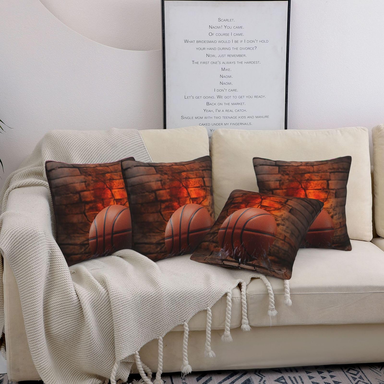 Housse de coussin basketball déco moderne mur de brique pour le salon