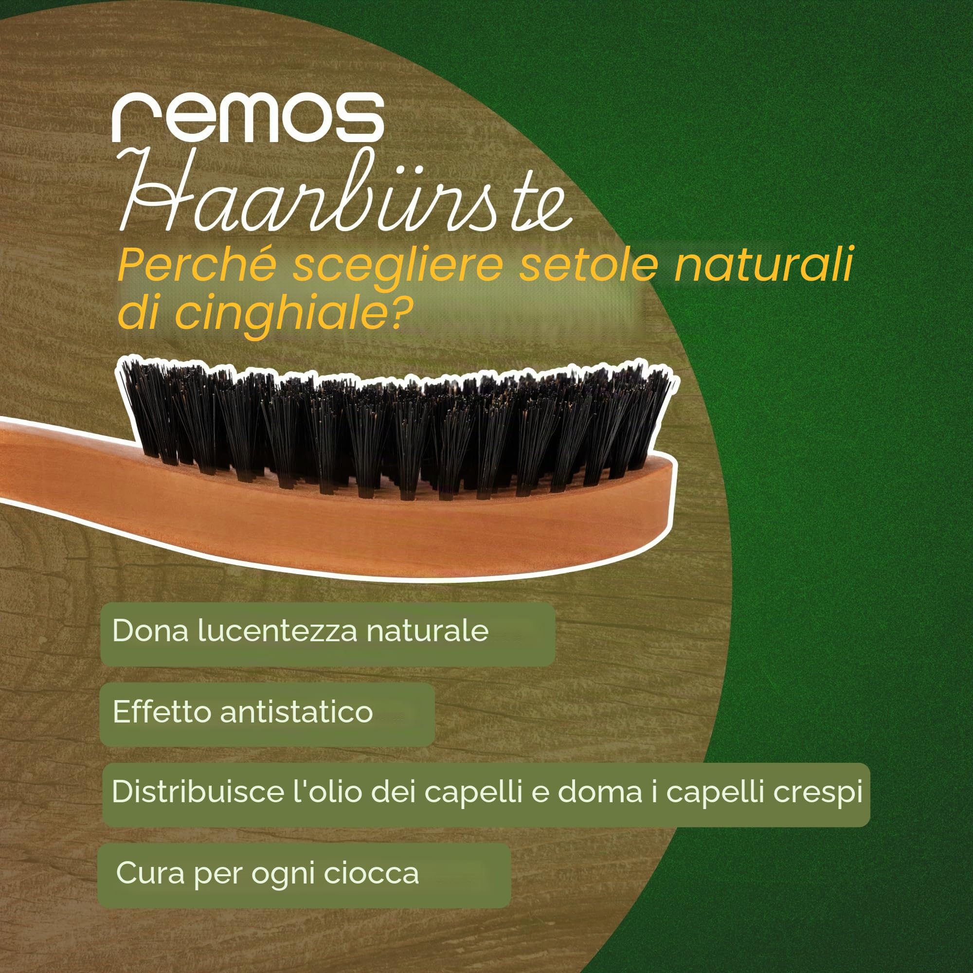 REMOS Spazzola per capelli con setole di cinghiale in legno pero - manico largo