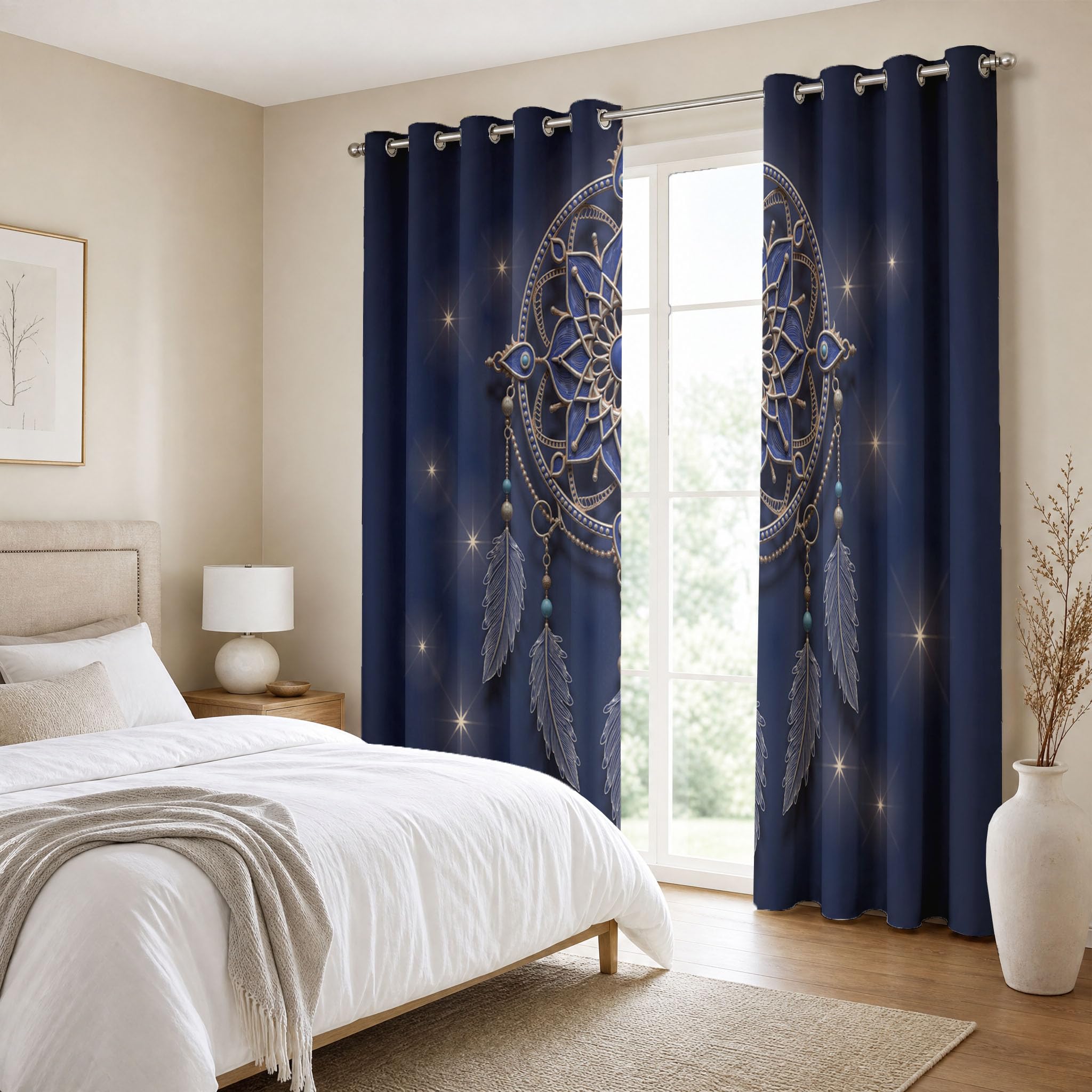 Blickdichte Gardinen Traumfänger - Verdunkelungsvorhang Blausilber Unaufdringlicher Luxus Im Ethno-Stil Vorhang mit Ösen für Schlafzimmer Wohnzimmer Kinderzimmer - H220cmxB140cm(2er Pack)