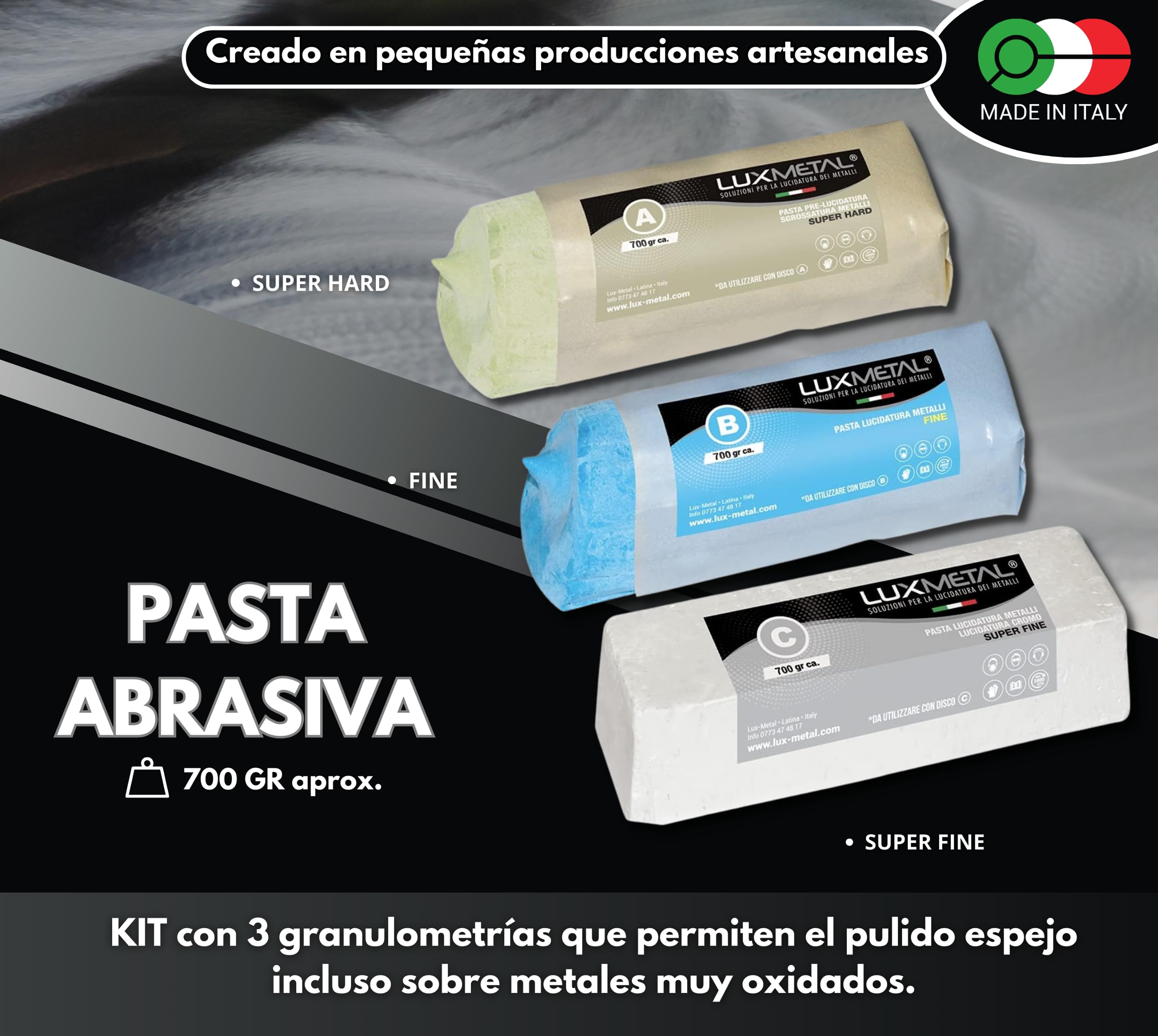 Kit 3 Pastas de Pulido Abrasivas 700 gr A-B-C Set de Pulido Acero Inoxidable Cera Sólida para Pulir Metales Espejo Pulidores Aluminio Cromo Madera Plexiglás Mármol Latón Cobre Plástico