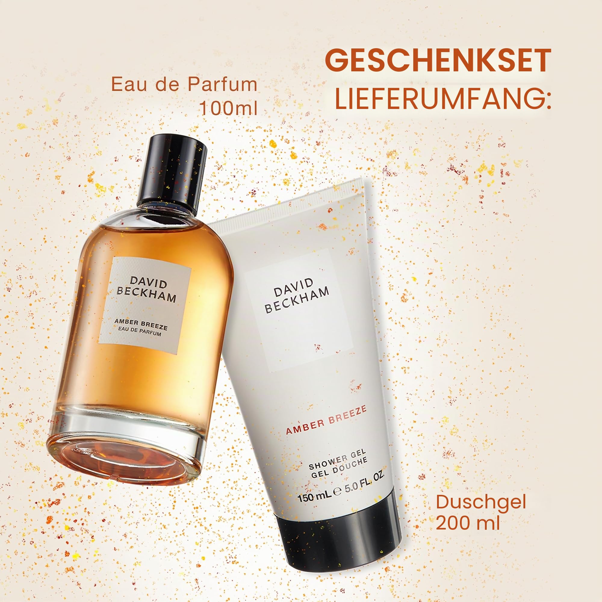 David Beckham Geschenkbox Amber Breeze, Eau de Parfum 100 ml und Duschgel 150 ml, aromatischer bernsteinfarbener Duft für Ihn