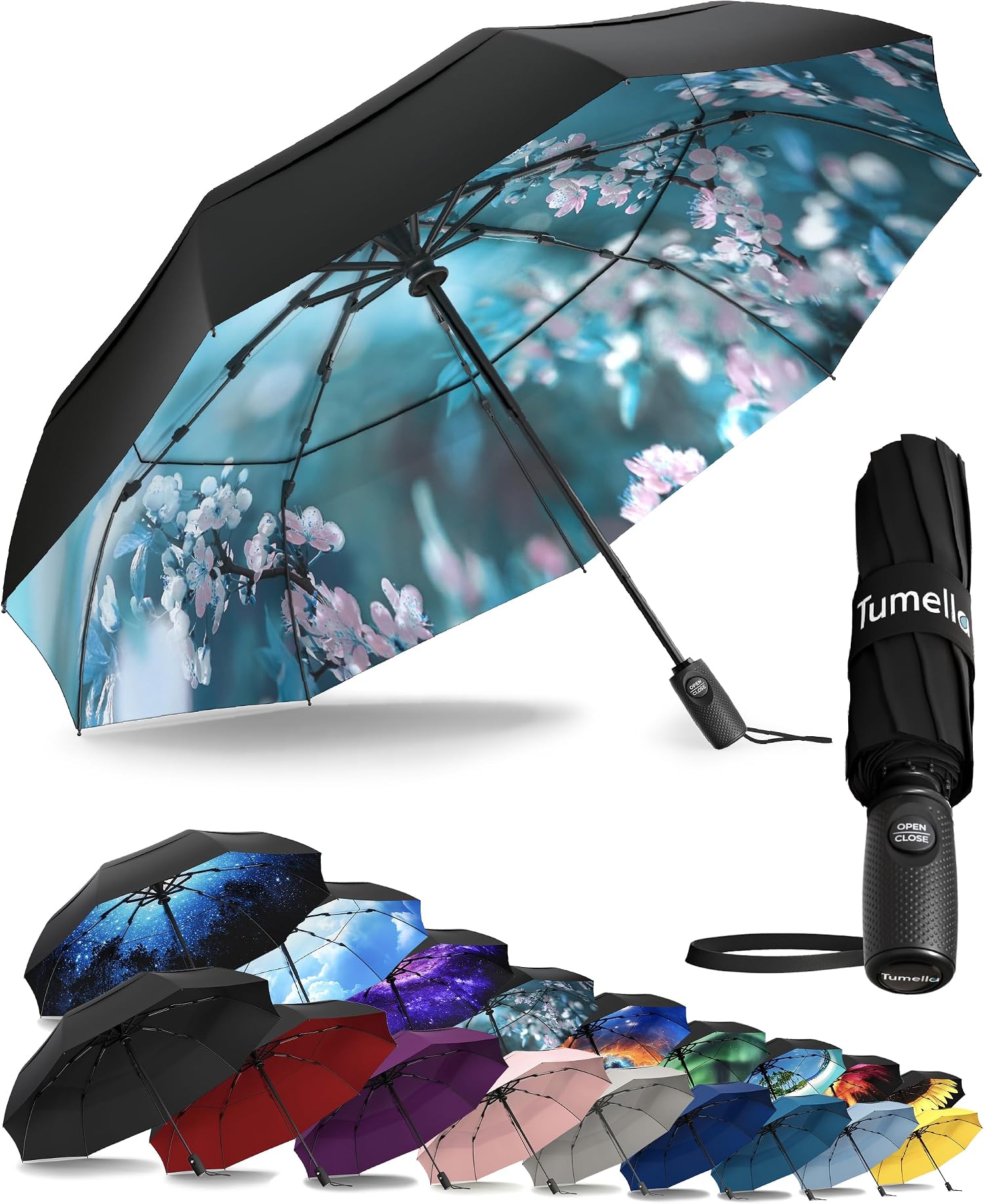 TUMELLA Strongest Windproof Travel Umbrella (Compact, 100MPH Wind-Tested), Light, Portable, One-Handed Use, Automatic Folding Rain Umbrella, Durable, Premium Grip, Fits Car & Backpack
