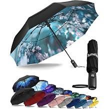 TUMELLA Strongest Folding Umbrella, Unisex, 5 times more durable than other companies, UPF 50+, highest standard UV protection, lightweight and rust resistant fiber ribs, for both sun and rain, one-handed opening and closing, stylish interior design also great as a gift blossom branches
