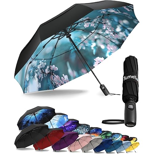 TUMELLA Strongest Windproof Travel Umbrella (Compact, Superior & Beautiful), Small Strong but Light Portable and Automatic Folding Rain Umbrella, Durable Premium Grip, Fits Car & Backpack