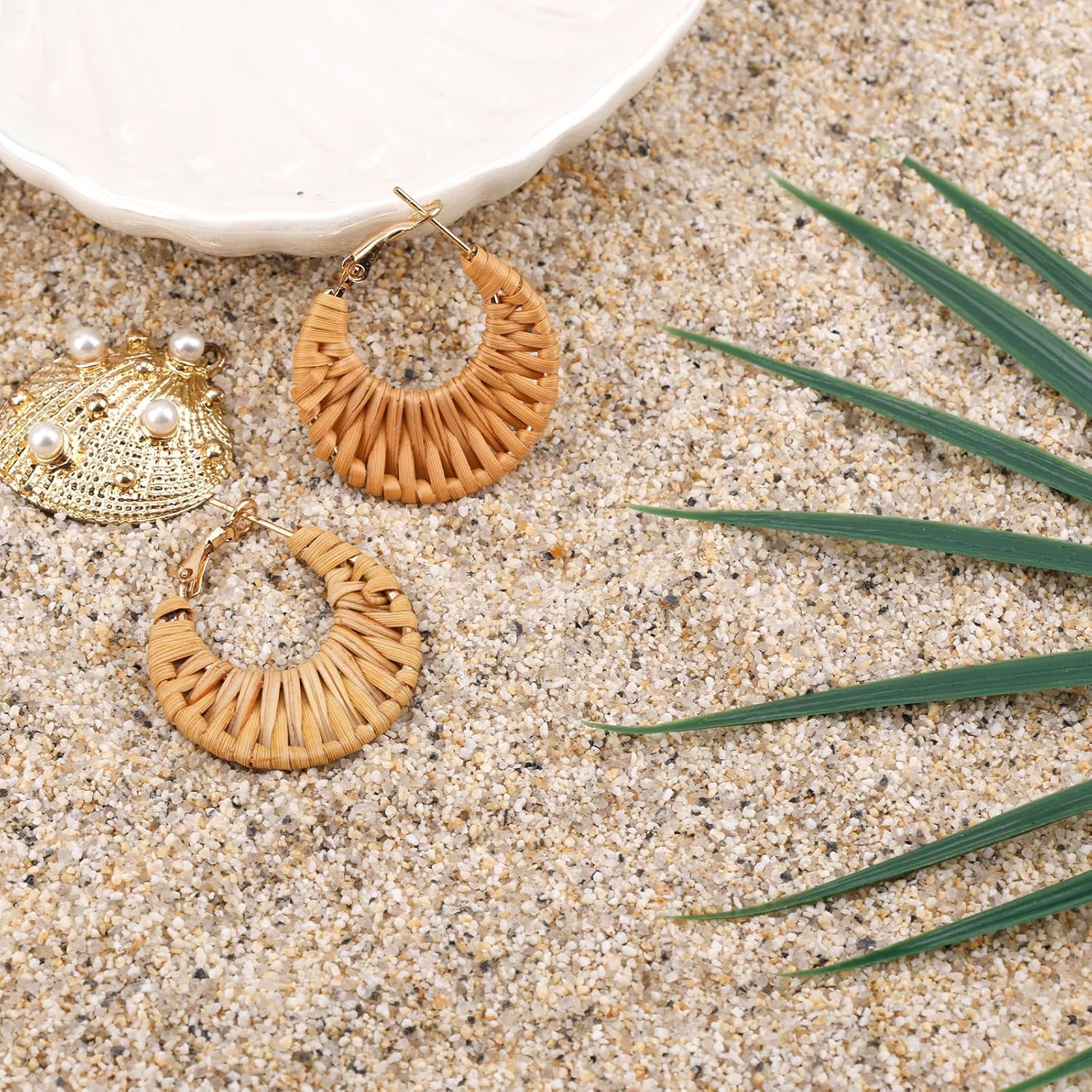 Boho Handwoven Rattan Hoop Earrings, Summer Beach Rattan Earrings Cute Hoop Dangle Drop Lightweight Bohemian Weaving Jewelry for Women Fashion Travel Essentials - Image 5