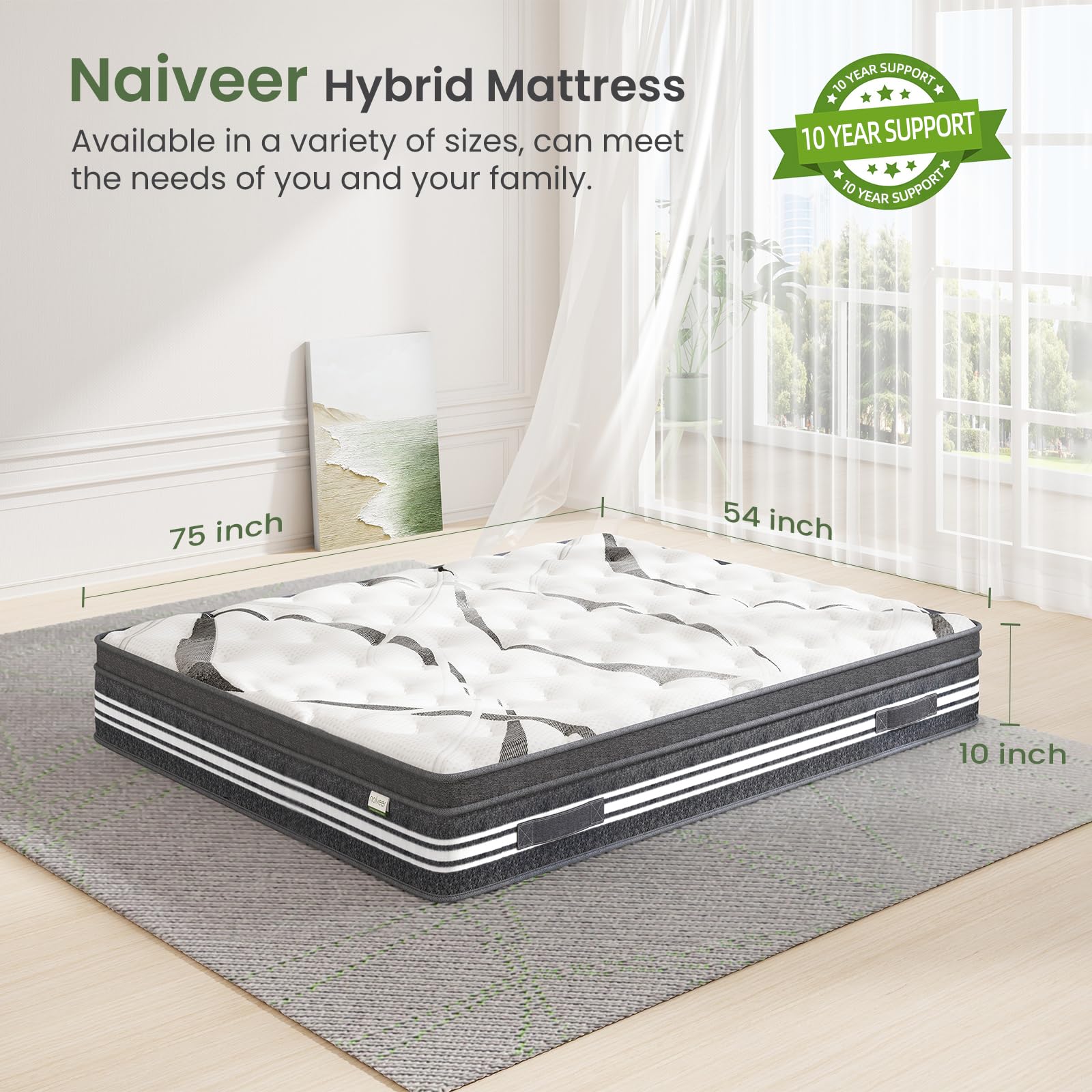SEMIELO - Materasso ibrido da 25 cm, in memory foam grigio in una scatola con rivestimento in carbone di bambù, materasso a molle interne con molle insacchettate, medio, certificato CertiPUR-US