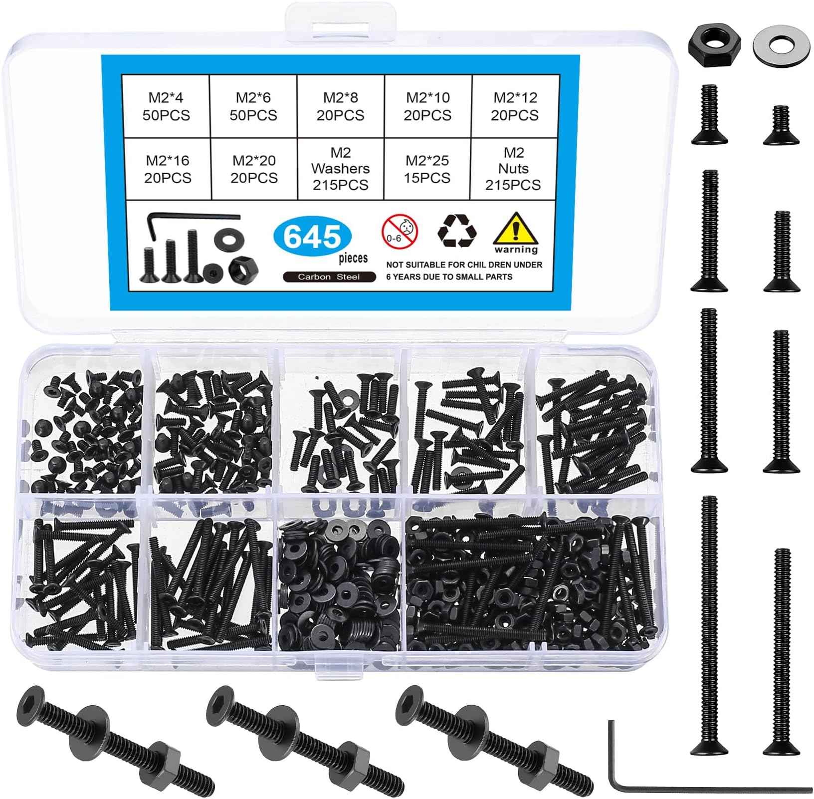 645 Pcs M2 Metric Screw Assortment, Flat Head Machine Screw Assortment Kit, Countersunk Hex Socket Cap Screws Set, Black Countersunk Bolts and Nuts Set with Washers & Wrench