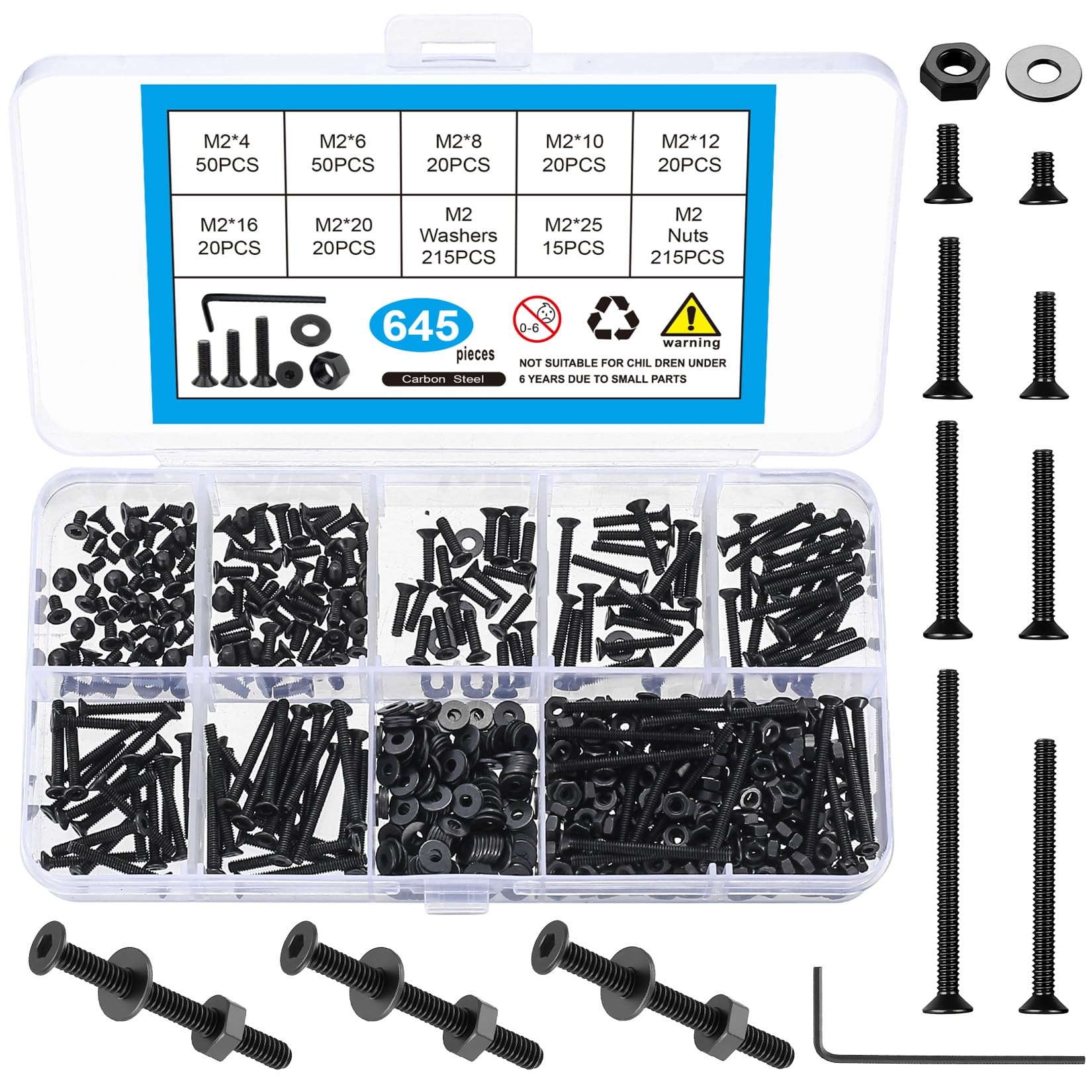 645 Pcs M2 Metric Screw Assortment, Flat Head Machine Screw Assortment Kit, Countersunk Hex Socket Cap Screws Set, Black Countersunk Bolts and Nuts Set with Washers & Wrench M2 645