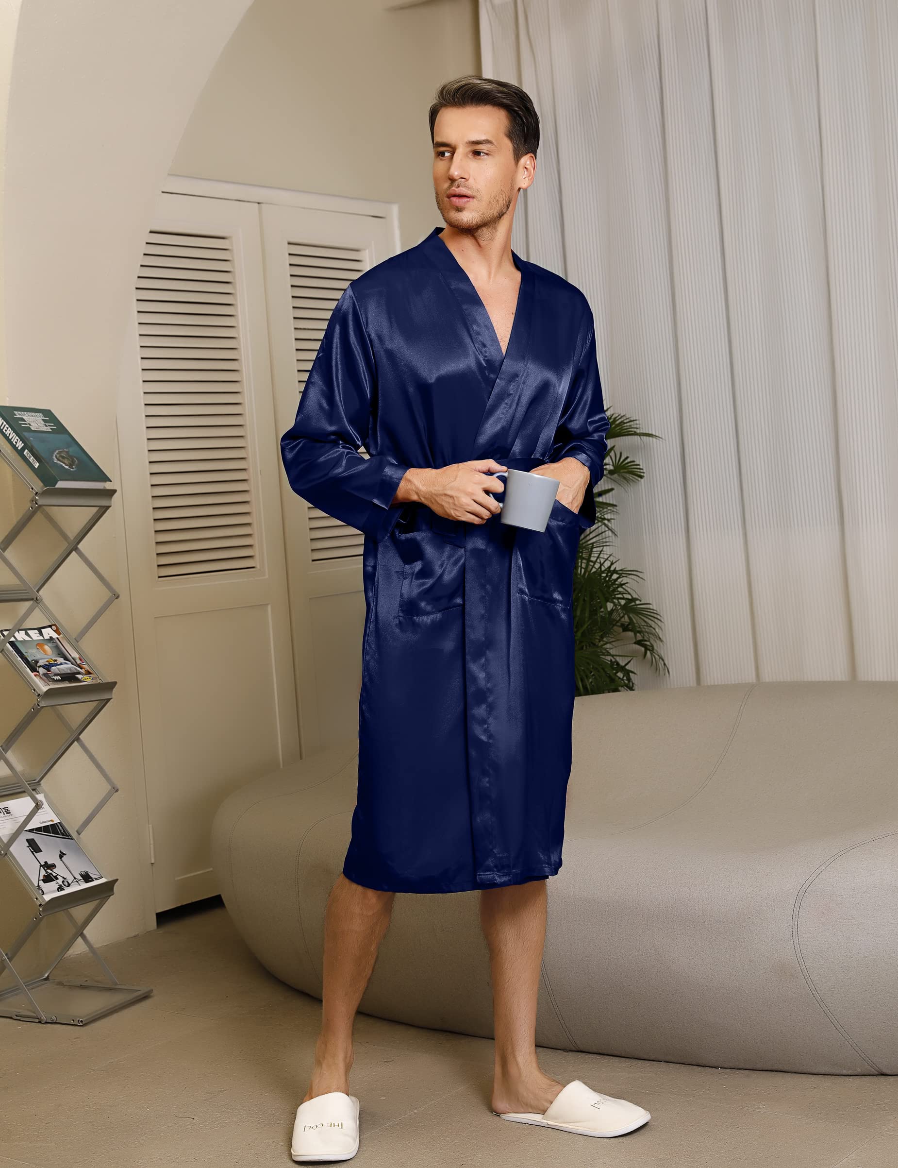 Bata de Hombre Verano Kimono Satén Baño Larga Casa Pijama Seda
