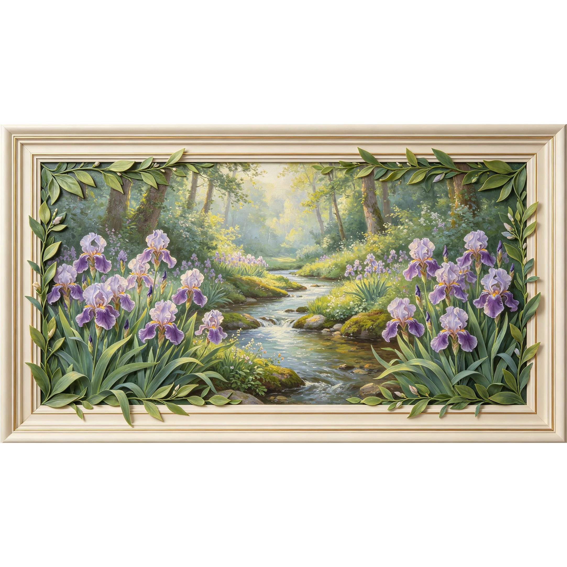 QZLITHOTIC 50x90cm3D Framed Wall Art， Botanical Forest Stream with Purple Iris Flower Self‑Adhesive Mural， Water‑Activated Peel & Stick Fabric Decor Wall Decal for Bedroom Living Room