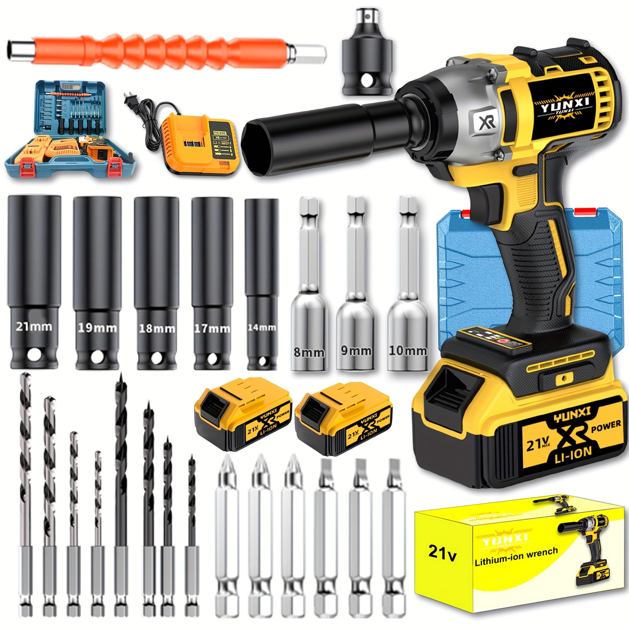 21V wireless impact wrench,Wireless drill/driver compatible with car (Battery 2+plastic box+luxury package)
